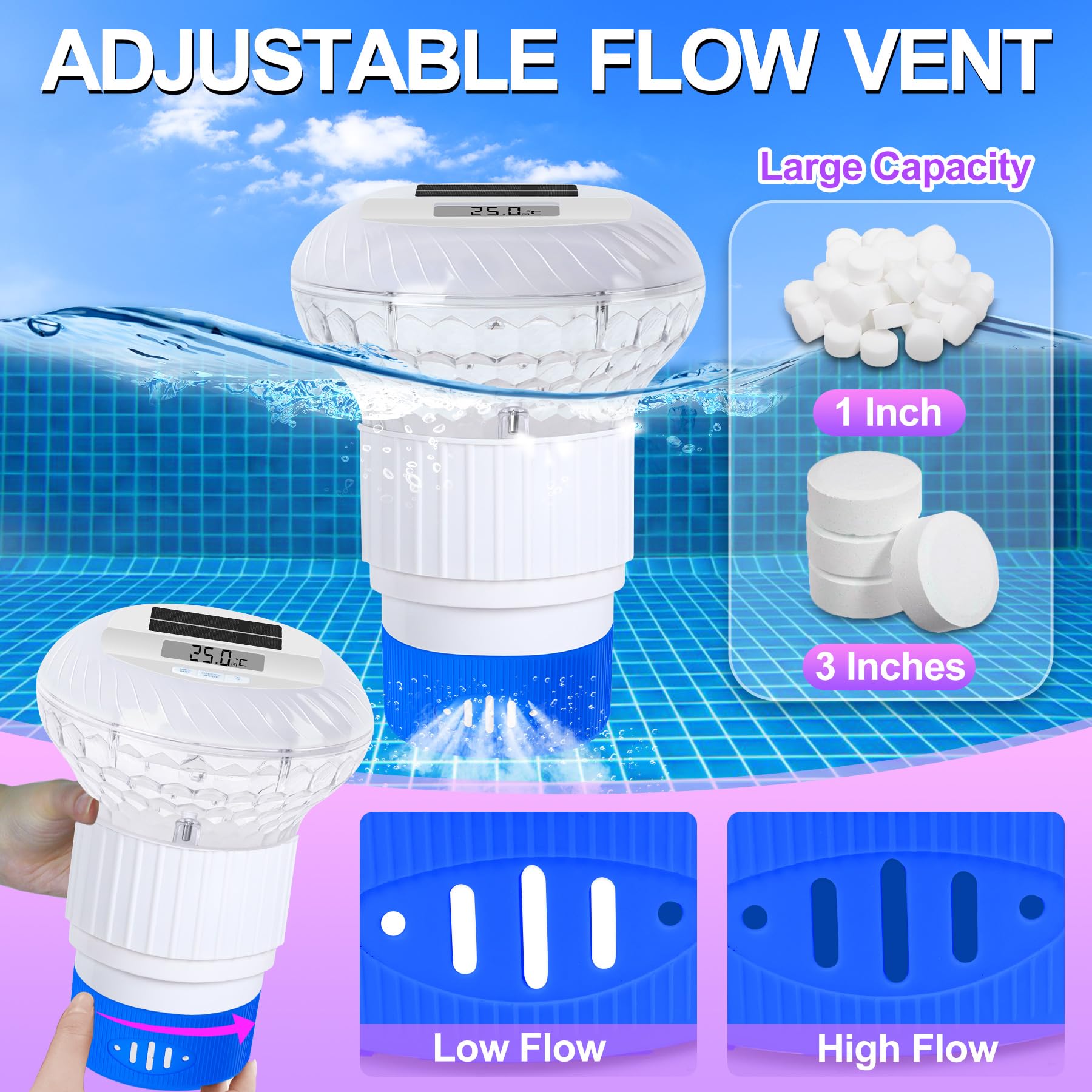 KingSom 2026 Diffuseur Chlore Piscine, Distributeur de Chlore Flottant avec Lumineux Solaire, Contrôle par Bouton Distributeur de Chlore pour Piscine Réglable