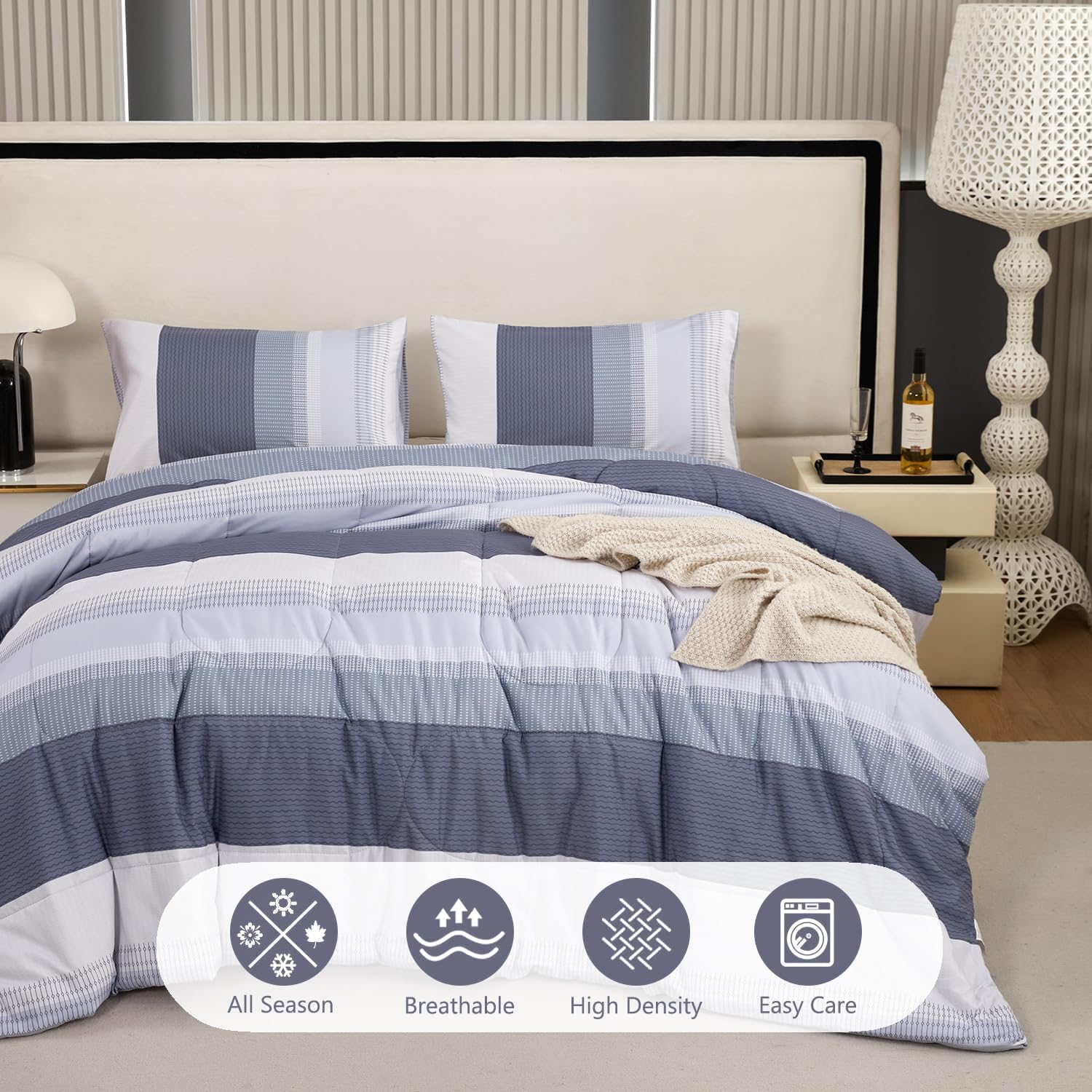 PERFEMET Full Comforter Set 3 Pieces Bedding Set All Seasons Masculine Striped Pattern Vintage Farmhouse Soft Cozy Bedroom for Elegant Men Teen Girls Boys Gray and White - Image 5