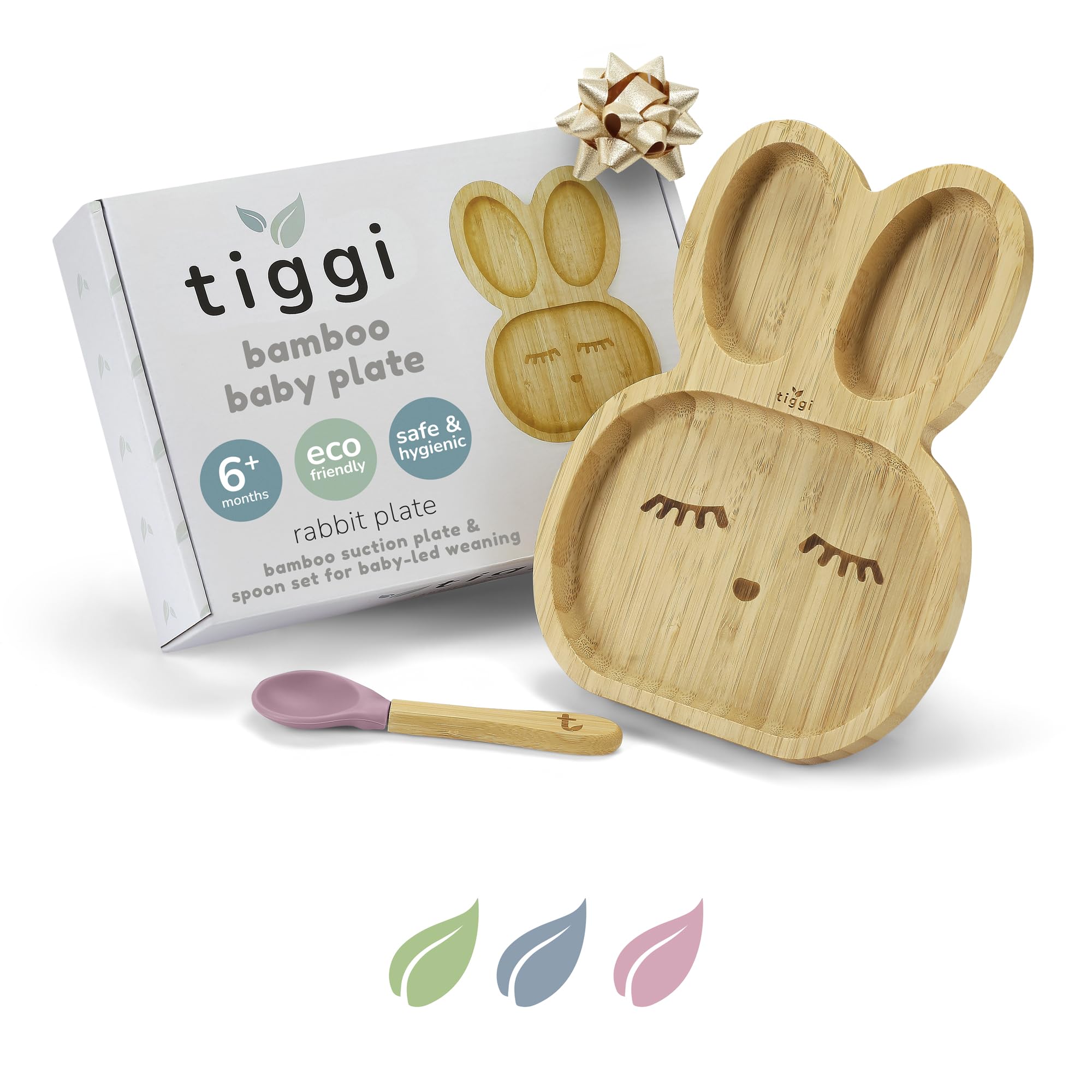 Tiggi Bamboo Baby Plate Set - Bamboo Weaning Set from 6+ Months | Ideal Toddler Plates | Strong Grip for Less Mess | Suction Plate Baby (Rabbit, Pink)