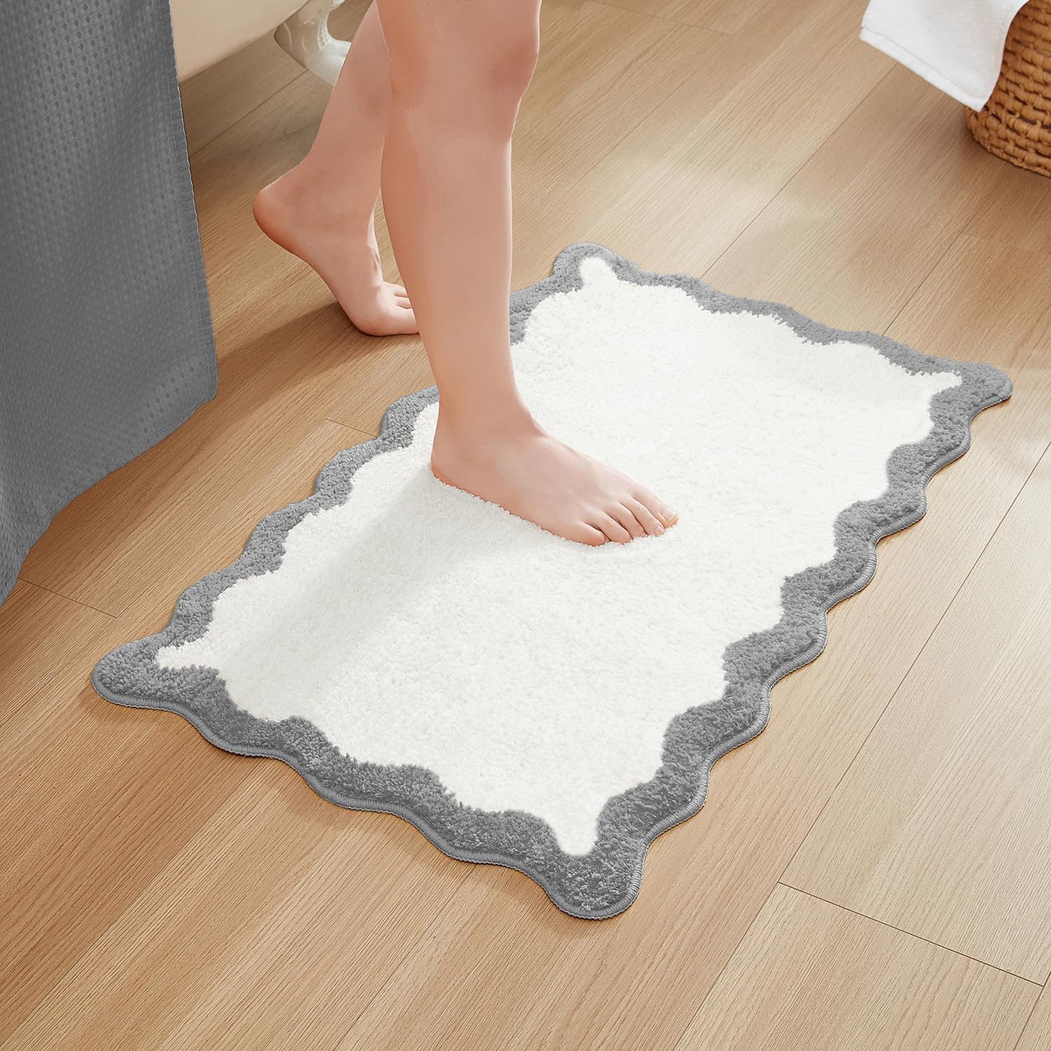 MONDAY MOOSE Bath Mat with Scalloped Wavy Ripple Design, Microfiber Absorbent Non Slip Tufted Rug for Floor, Shower or Kitchen (16x24 inch, Gray) โ image 1