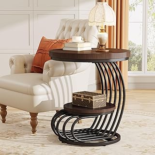 Tribesigns Round End Side Table: Side Table with 2 Tiers Storage Shelves, Vintage End Table for Living Room, Small Bedside Table Accent Table with Arc-Shaped Frame, Rustic Brown