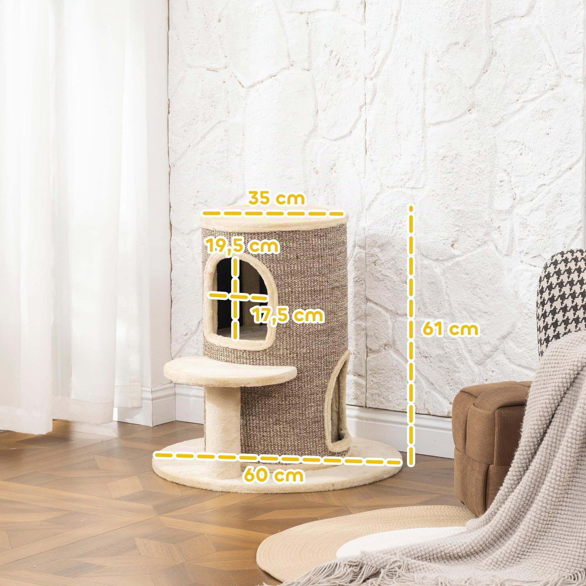 PawHut Barril rascador para Gatos, Barril para Gatos de 61 cm de Altura con 2 Cuevas, Poste rascador con Plataforma de Salto, Torre para Hecha de sisal, Felpa, para pequeños Beige