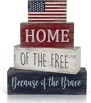 4th of July Decorations, 4 Sets Patriotic Wooden Block Table Centerpieces, Red White Blue Independence Day Memorial Day Tabletop Decorations, Rustic Labor Day Tiered Tray Decor for Home Office