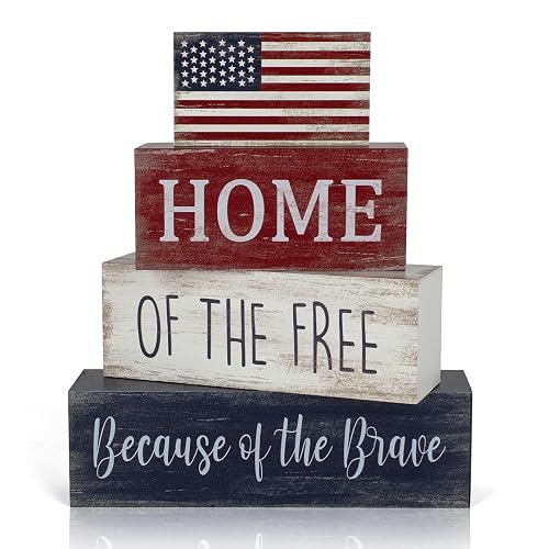 4th of July Decorations, 4 Sets Patriotic Wooden Block Table