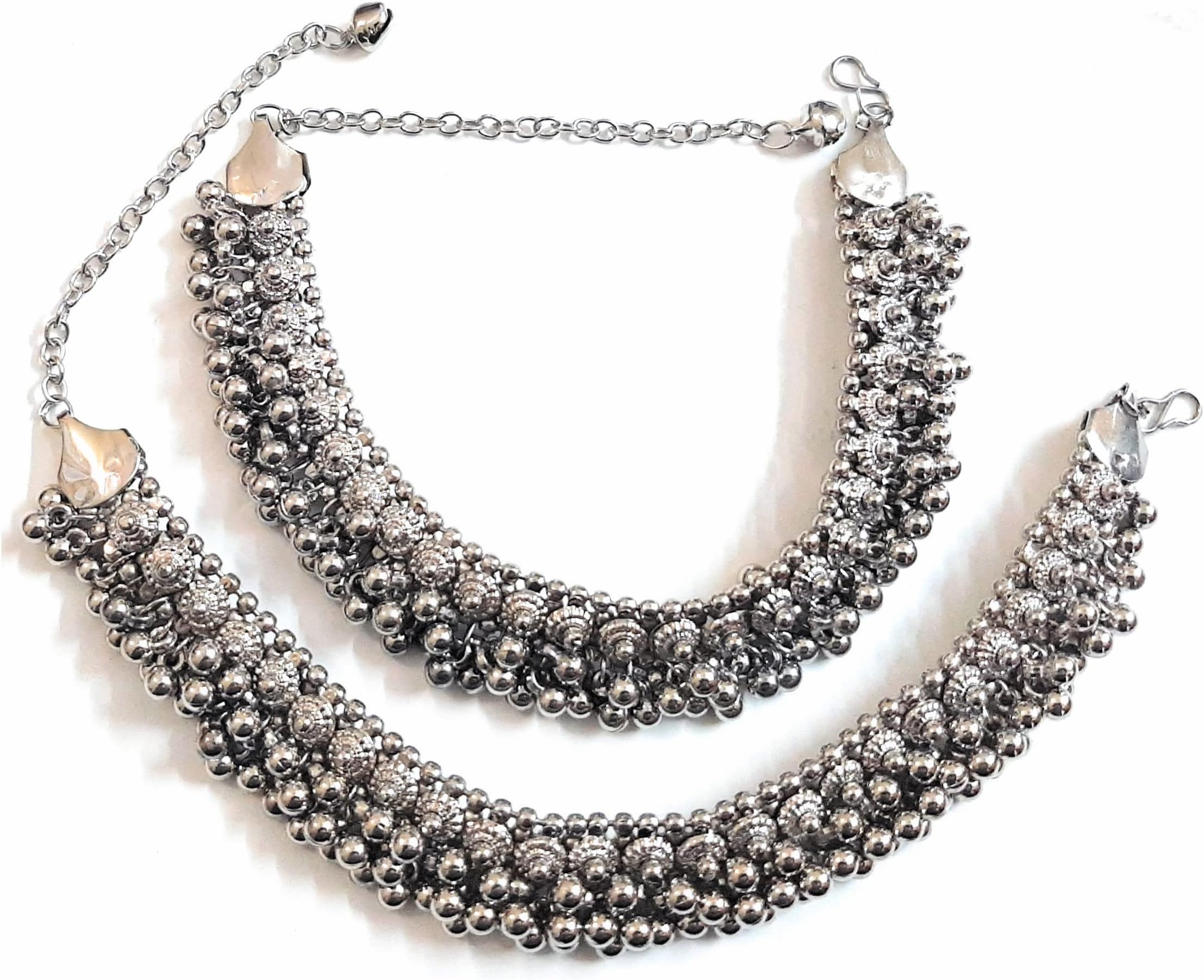 Indian Traditional Fashion Bollywood Ethnic Silver Oxidized Plated Ghungroo Beads Foot Payal Anklets Jewelry for Women, 25 centimeters, alloy