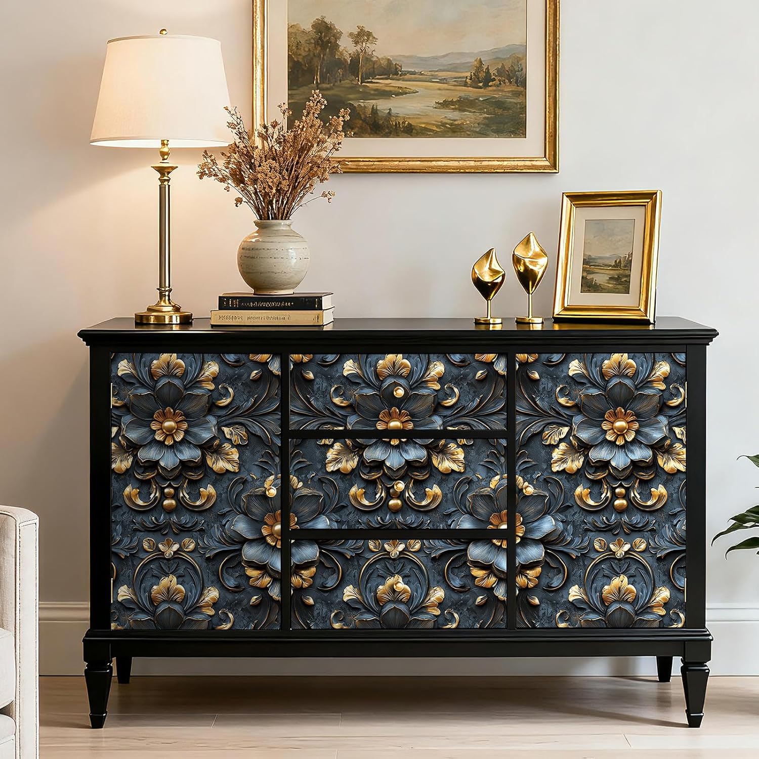 FunStick 17.5"x354" Vintage Dark 3D Floral Peel and Stick Wallpaper Faux Embossed Flower Blue Wallpaper for Living Room Ceiling Wall Covering Panels Removable Blue and Gold Contact Paper for Cabinets