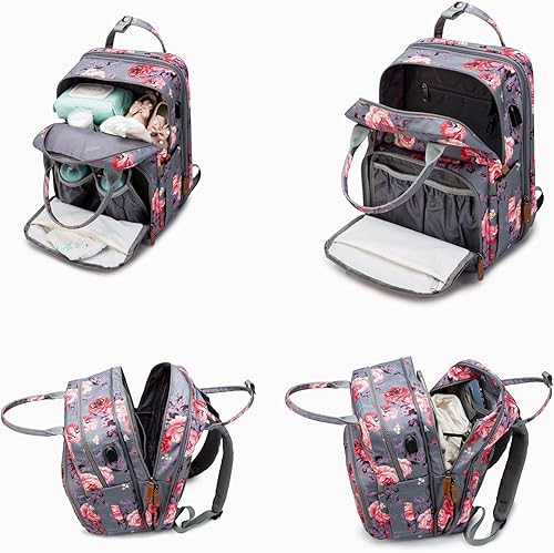 Miniatura 4 de Rabjen Mochila para pañales, bolsa de bebé transformable, lo suficientemente espaciosa para cosas de gemelos, mochila multifunción, Gris Floral,