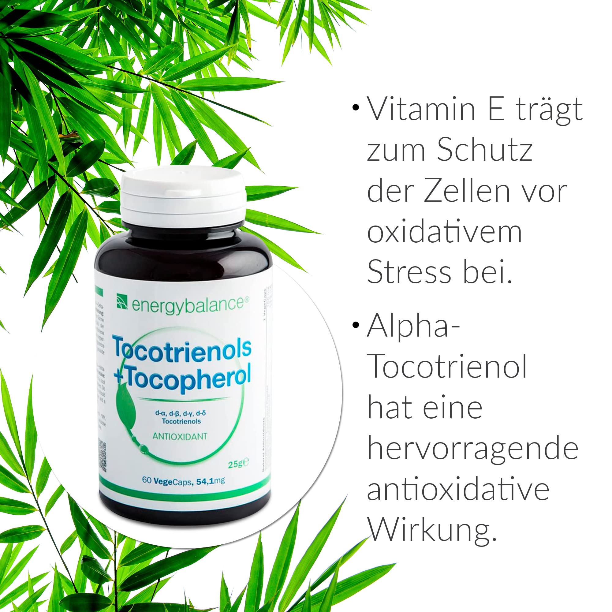 EnergyBalance Tocotrienol alpha-gamma - 4 Tocopherole in 1 Kapseln mit Antioxidantien - Natürlicher Vitamin E Komplex - Vegan, ohne Zusätze - 60 VegeCaps à 54,1mg