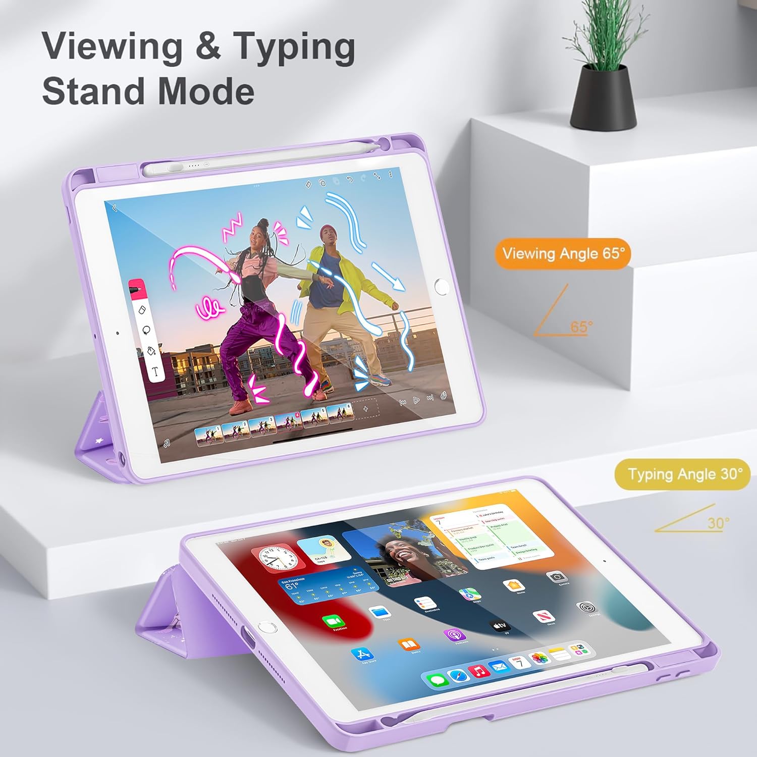 Tuiklol for iPad 10.2 case 2021 Gen 9th Release Built in Pencil Holder - Trifold Stand-Auto Wake/Sleep TPU Protection Stand Clear Back Cover for 2020 2019 [8th/7th] iPad 10.2 Case,Bow-Purple - Image 7