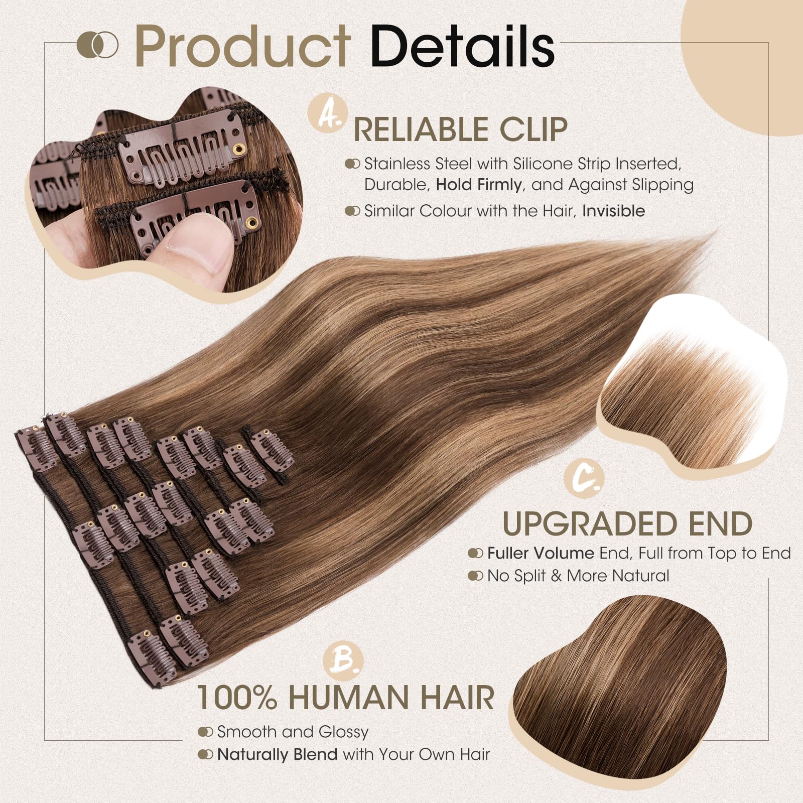 Elailite Real Hair Clip in Hair Extensions 100% Human Hair Remy Natural Hair Extension - Image 3