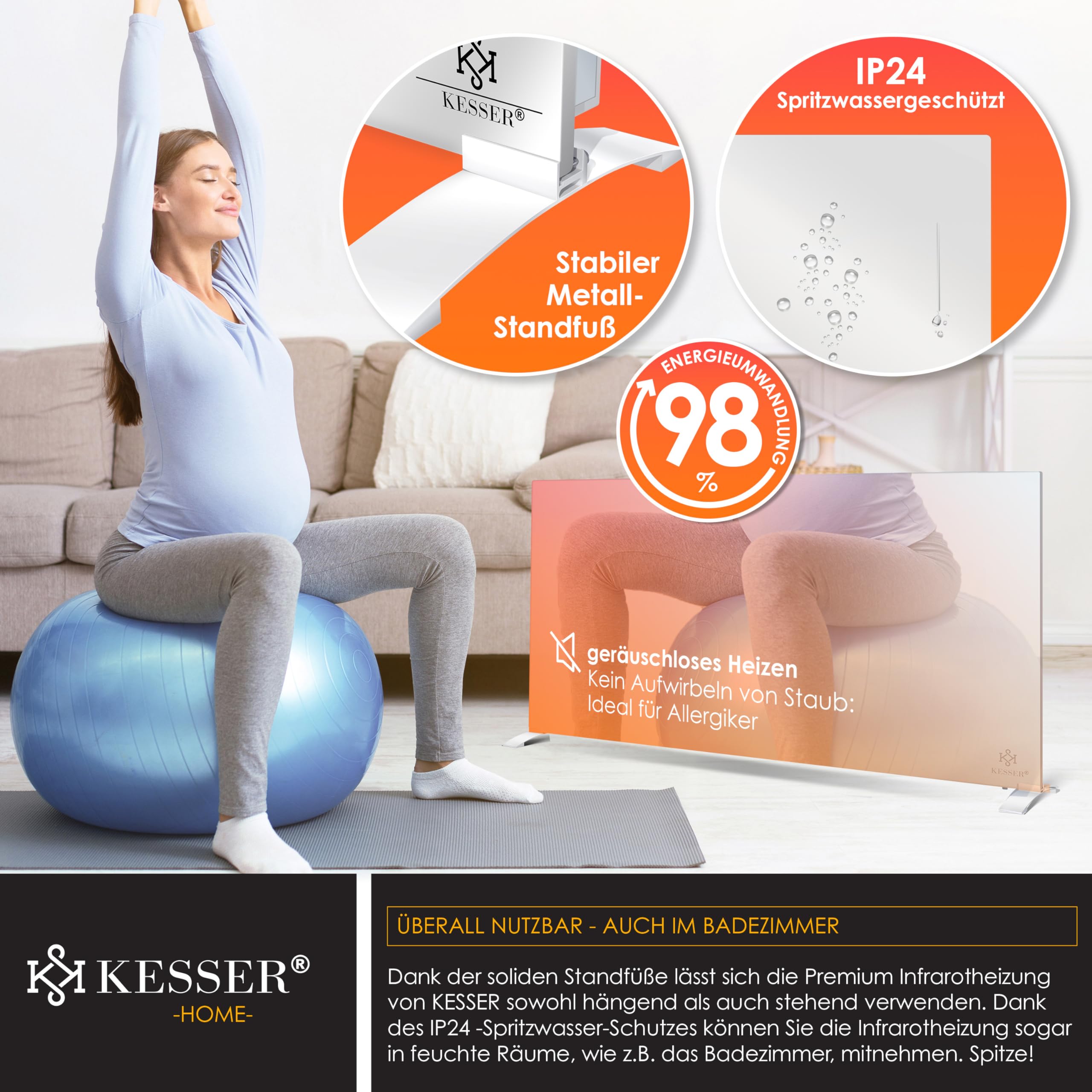 KESSER® Calefacción por infrarrojos, 500 W, ahorro de energía, 2 en 1, dispositivo de pie y montaje en pared, calefacción eléctrica con detección de ventana abierta + mando a distancia y control por