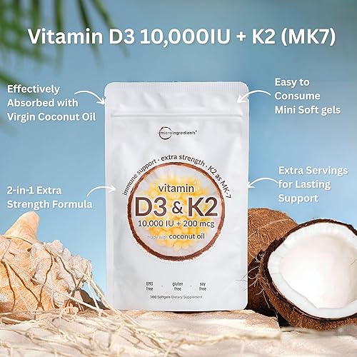 Miniatura 3 de Micro Ingredients Vitamina D3 10,000IU + K2 MK-7 200mcg cápsulas blandas y aceite de orégano con gotas de semillas negras  Paquete  Vitaminas D & K