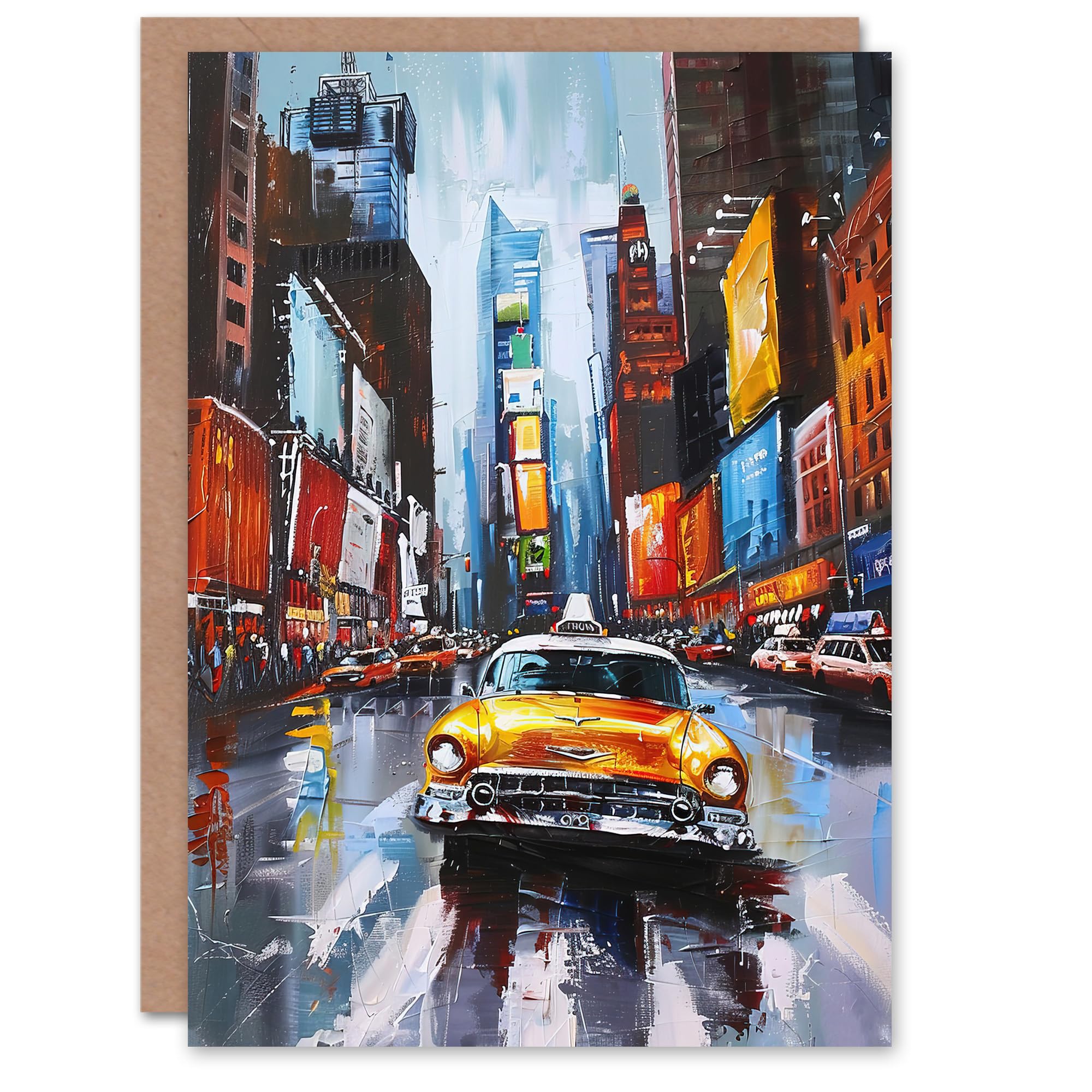 Artery8 Greeting Card New York City Colourful Street Cityscape Taxi Cab Blank For Him Or Her Art Birthday Card