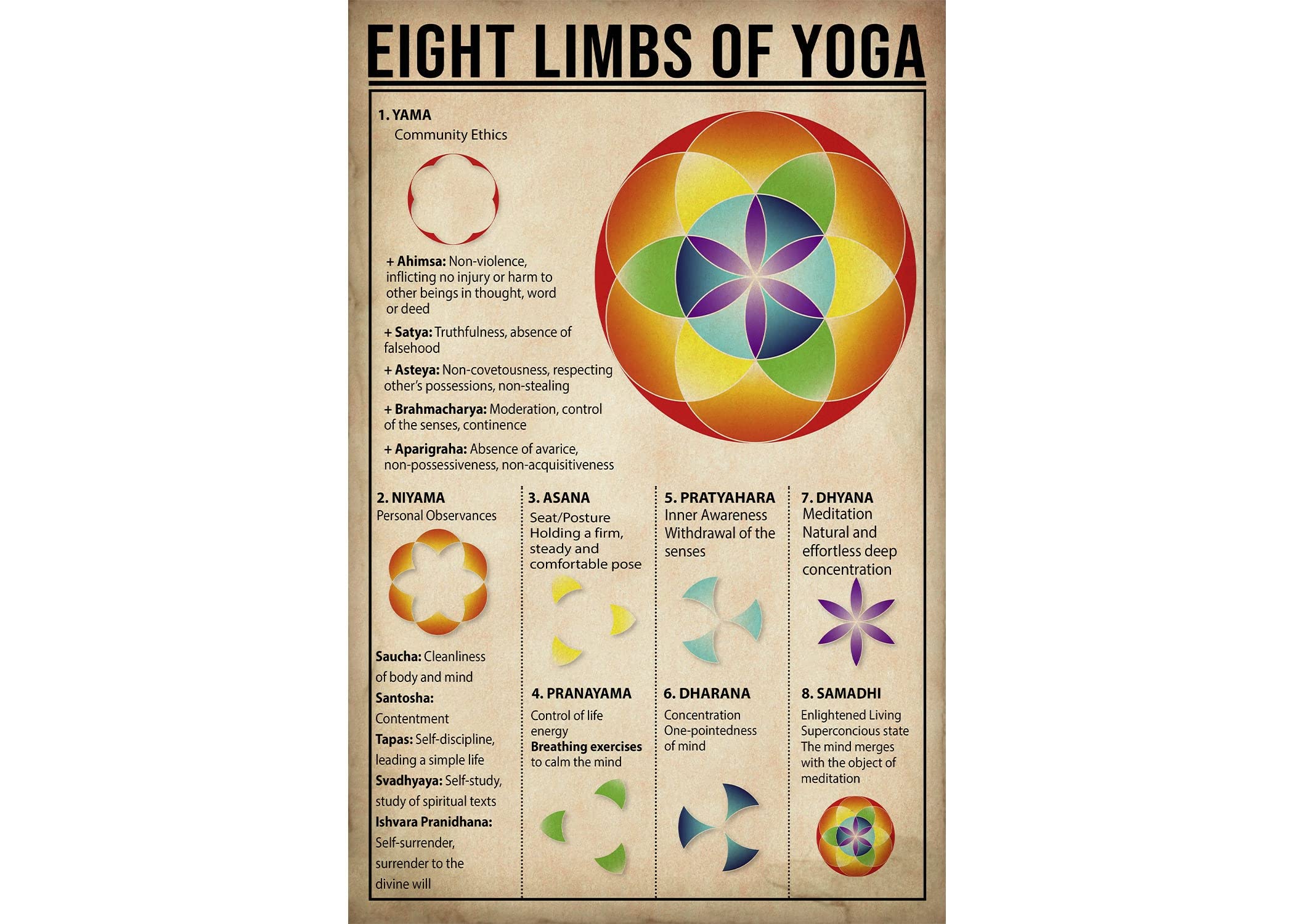 Nuboxx Eight Limbs of Yoga Knowledge Lover, Vintage Funny Poster Wall Decor Art Gift Retro Picture Metal Sign 8x12 Inch
