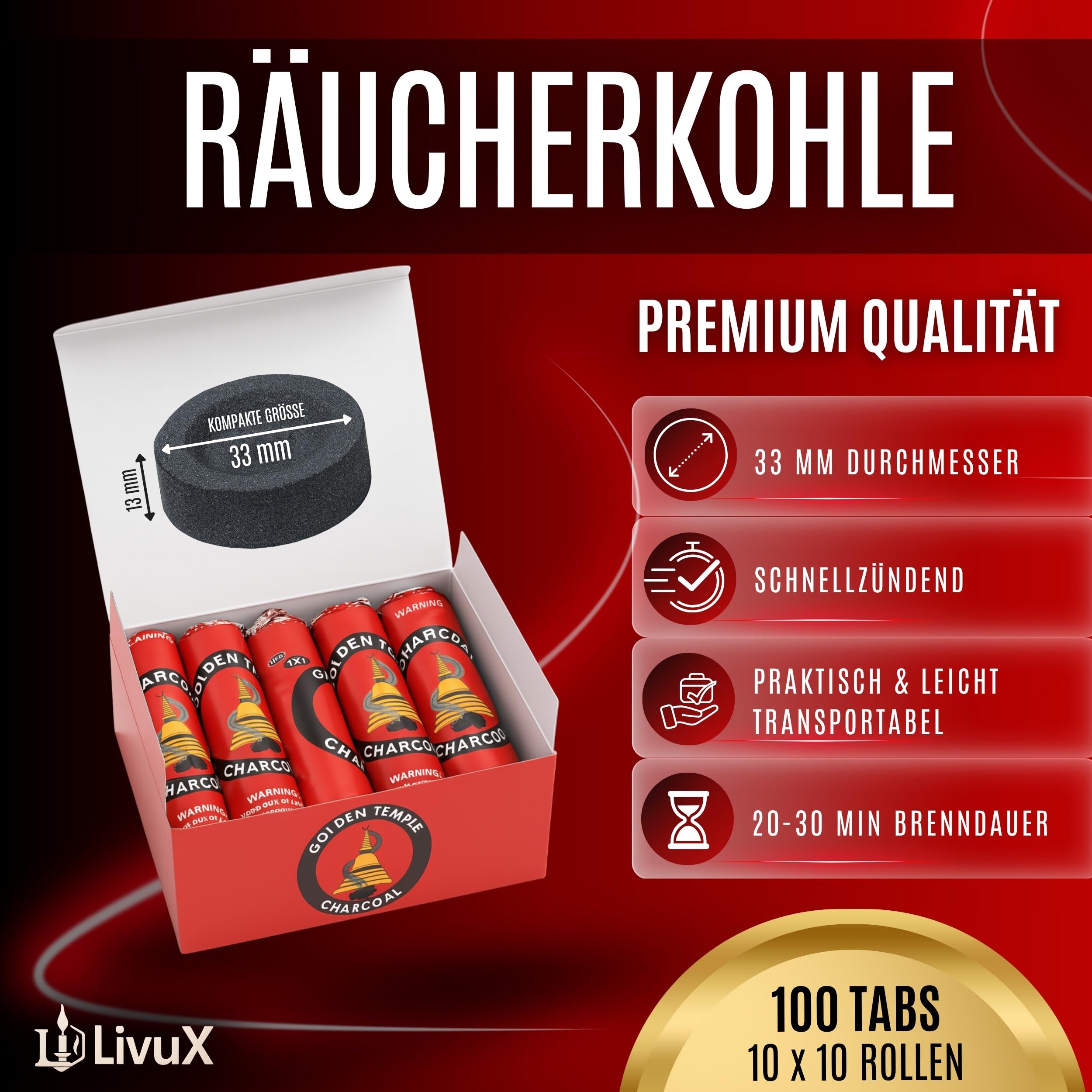 LivuX 100 pastillas de carbón de incienso de 33 mm – carbón ahumado de encendido rápido, 10 rollos con 10 pastillas de carbón cada uno, ideal para quemar incienso, resinas y hierbas 1202
