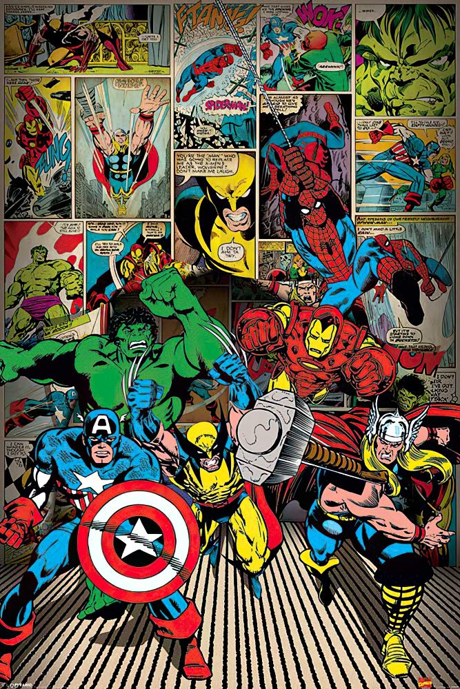 Classic Marvel Comics Wall Art Room Decor 24 x 36 ~ 3 Pc Marvel Comics  Posters for Walls Marvel Office Decor (Marvel Comics Party Supplies)