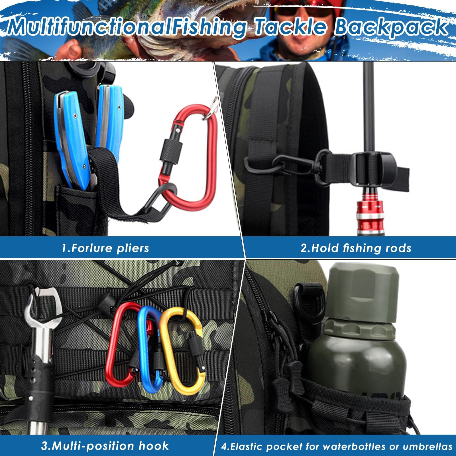Mochila de Pesca, Bolsa de Pesca Mochila para Aparejos de Pesca con Soporte para caña Bolsas Almacenamiento Aparejos Impermeables Bolsa para Pesca Senderismo Caza Camping Deporte al Aire libr