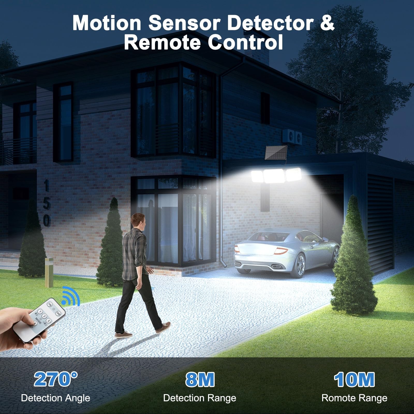 Faretto Led da Esterno Solare con Sensore di Movimento, Luce Solare Led Esterno con Funzione Allarme, 4 Modes IP67 Impermeabile Lampada Solare da Esterno con Telecomando e Pannello Solare per Giardino