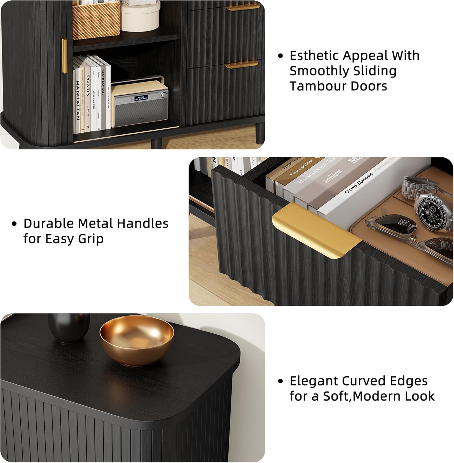 Lulive Black Buffet Cabinet, 55" Wide Sideboard Buffet Storage Cabinet with Rolling & Sliding Doors, Modern Bar Cabinet for Kitchen & Dining Room