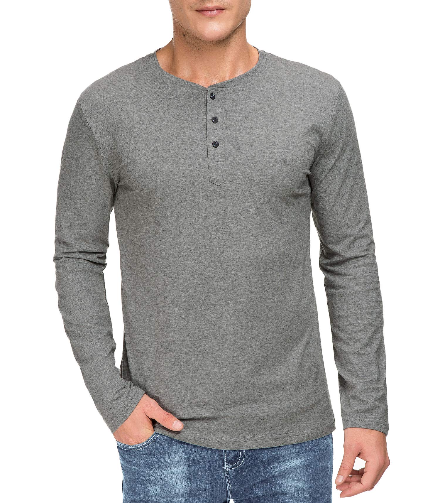 Boisouey Men's Casual Slim Fit Long Sleeve Henley T-Shirts Cotton Shirts Dark Grey L