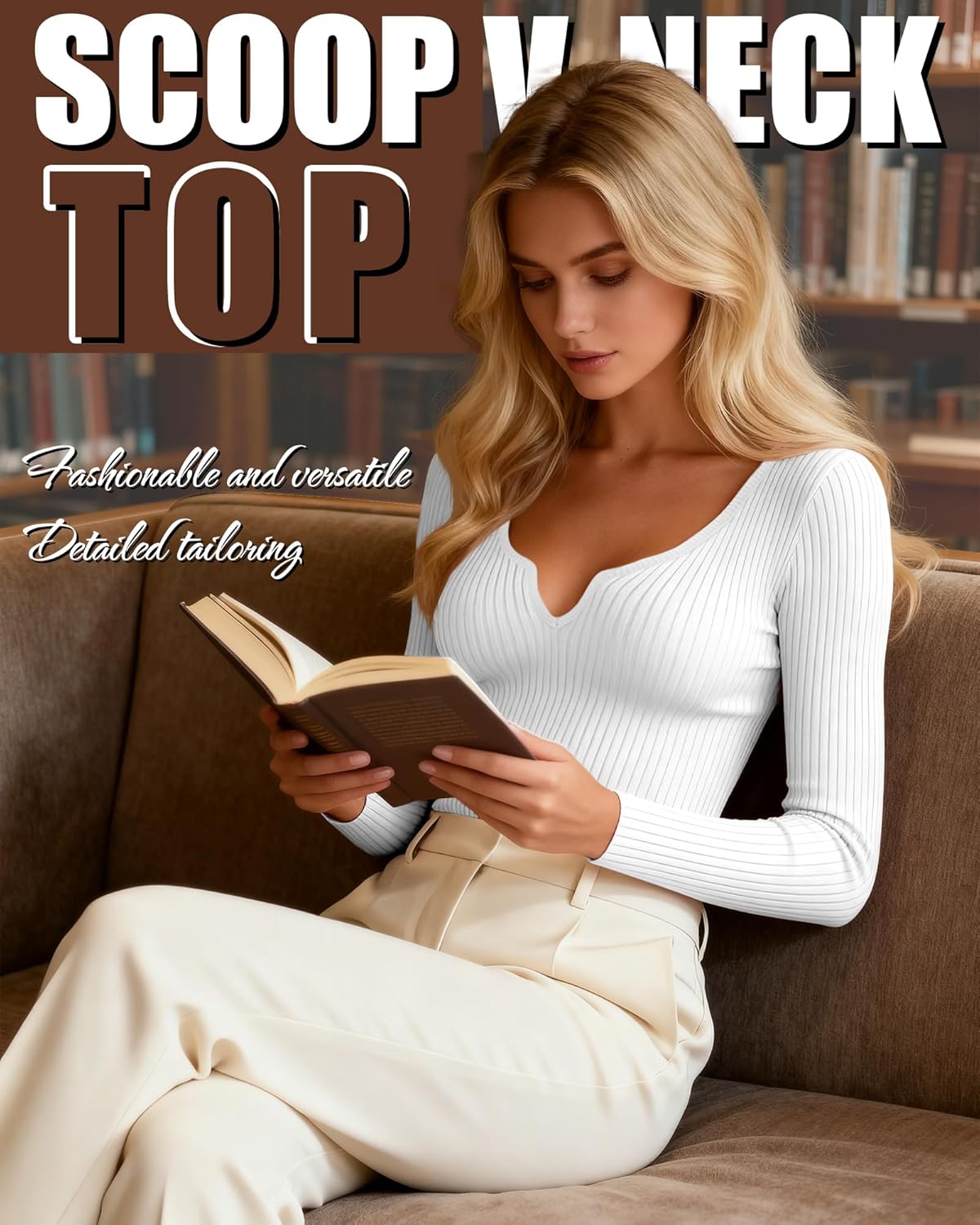 3 Pack Women's Long Sleeve Shirts Cotton Ribbed Scoop Neck Vnotch Tops Slim Low Cut Stretch Basic Tees - Image 2