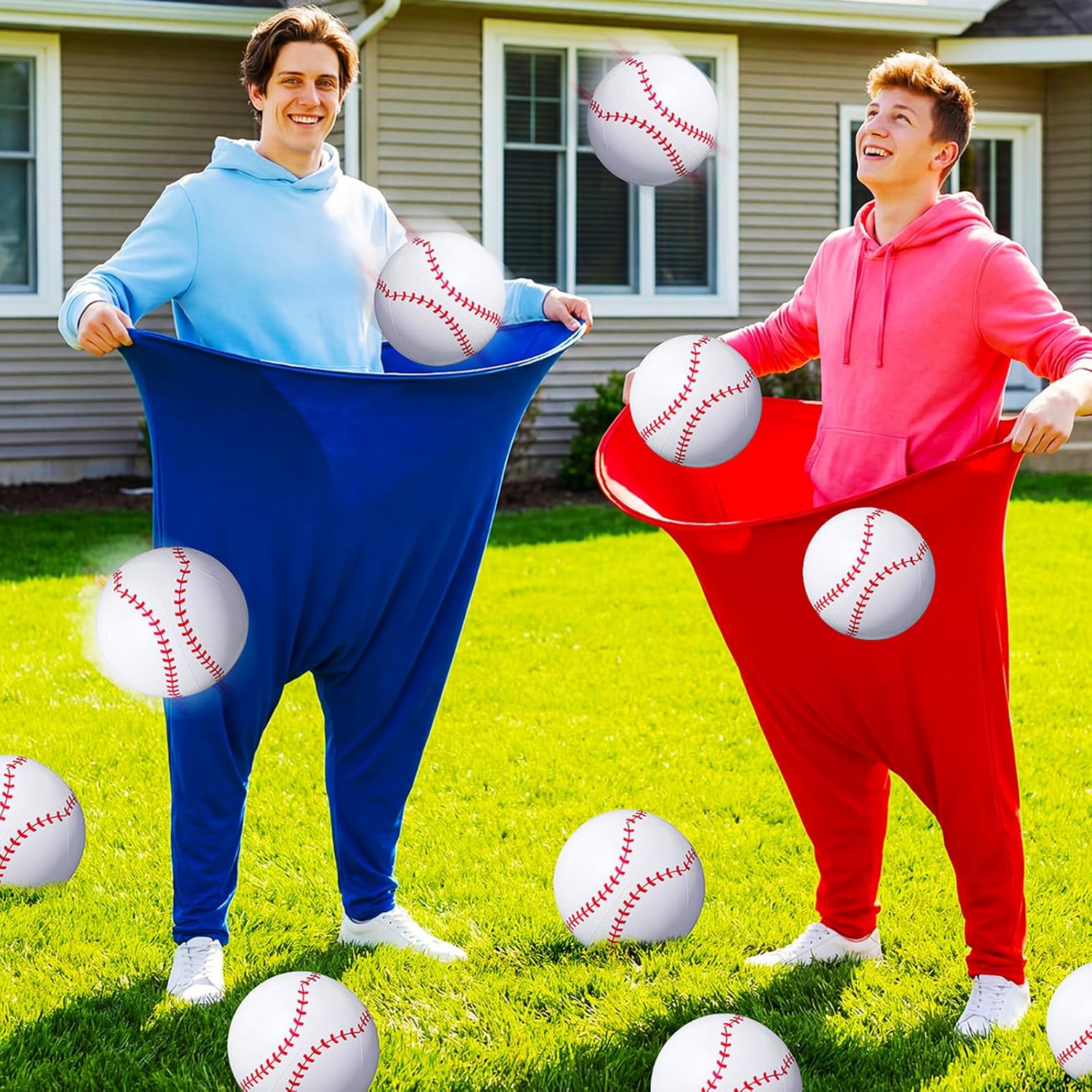 Hollowfly 14 Pcs Granny Pants Yard Game 2 Oversized Giant Pants 10 Bouncy Balls and 2 Pumps for Backyard Party Adult Big Field Day Family Recreational Reunion Tossing Game