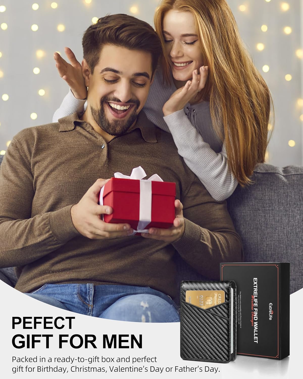 ExtreLife Mens Wallet with Smart Tracker, Leather Bifold Wallet, Works with Apple Find My, 10 Card Slots, Money Pocket, ID Window, RFID Blocking, GPS Wallet Tracker, Gift Box, Black Carbon Fiber - Image 9