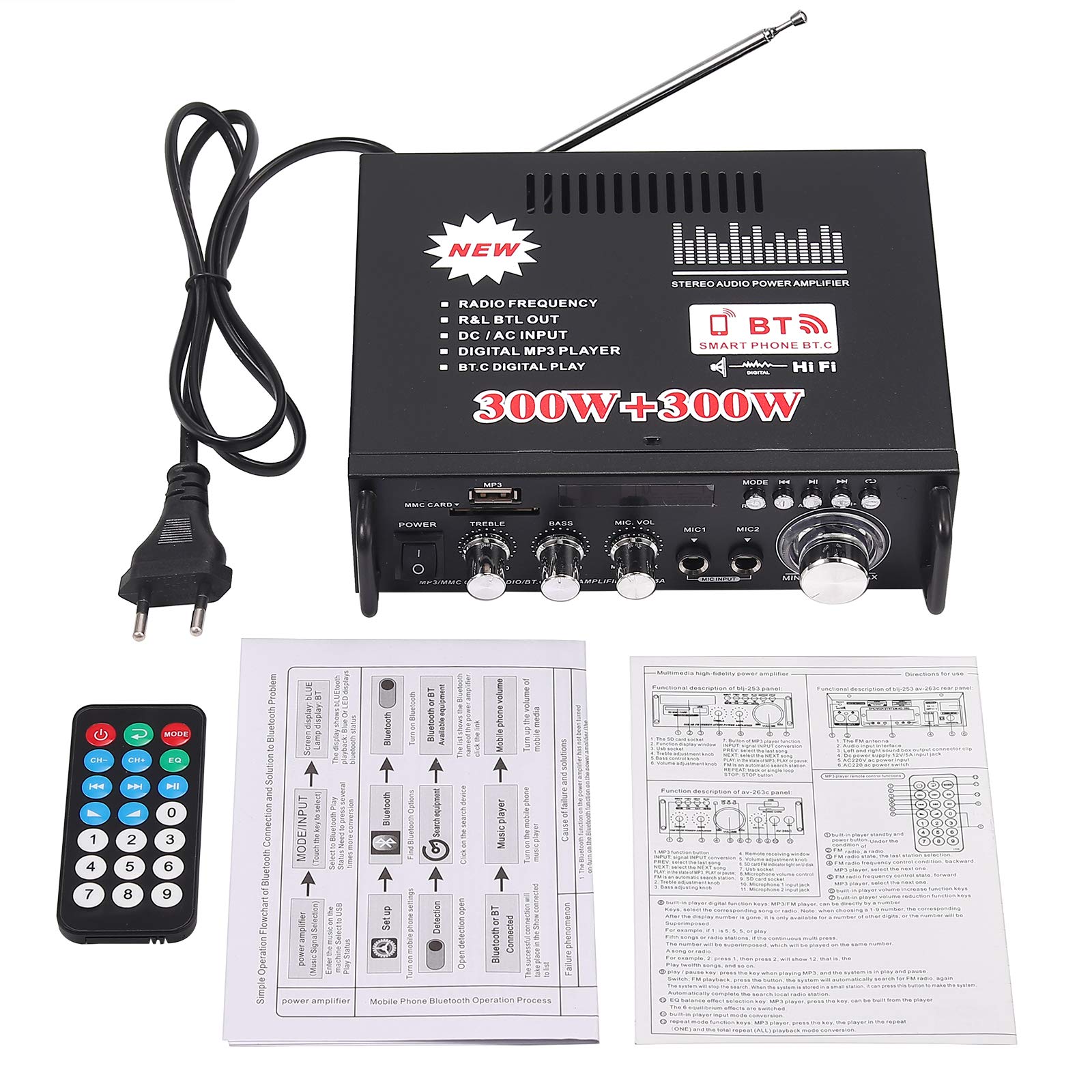 ESYNiC 300W + 300W Mini Amplificateur Audio Stéréo Bluetooth avec Télécommande Amplificateur Audio Numérique Portable HiFi pour Voiture Maison Hi-Fi Musique SD USB FM 12V / 220V