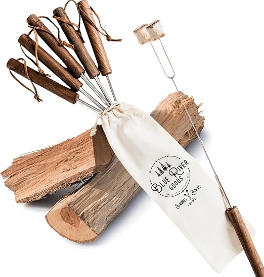 Smores Sticks | Set of 6 Marshmallow Roasting Sticks | Extendable Stainless Steel w/Walnut Handles | Smore Sticks for Marshmallow Sticks for Fire Pit | Smore Sticks for Fire Pit