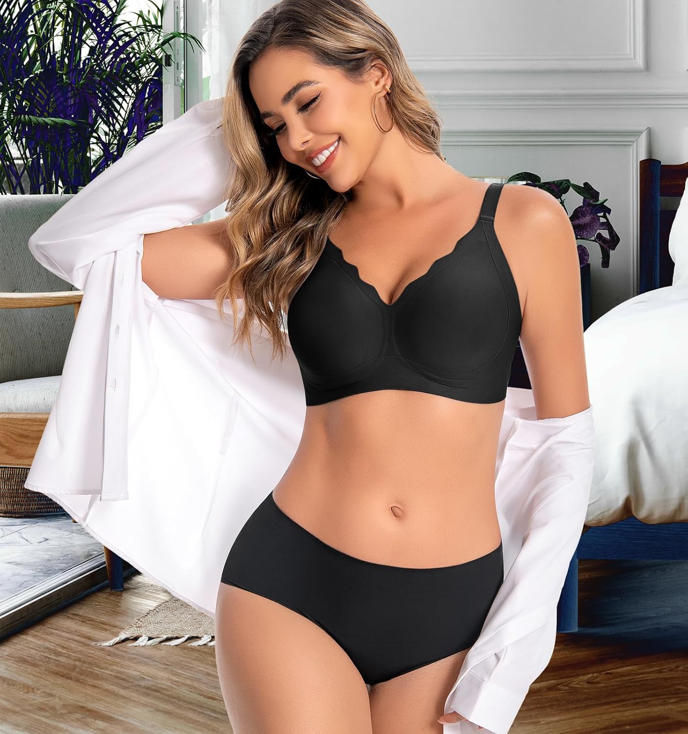 Womens Seamless Bras No Underwire Supportive Wireless Push Up Full Coverage Bralette Comfort Scalloped T-Shirt Bra - Image 7