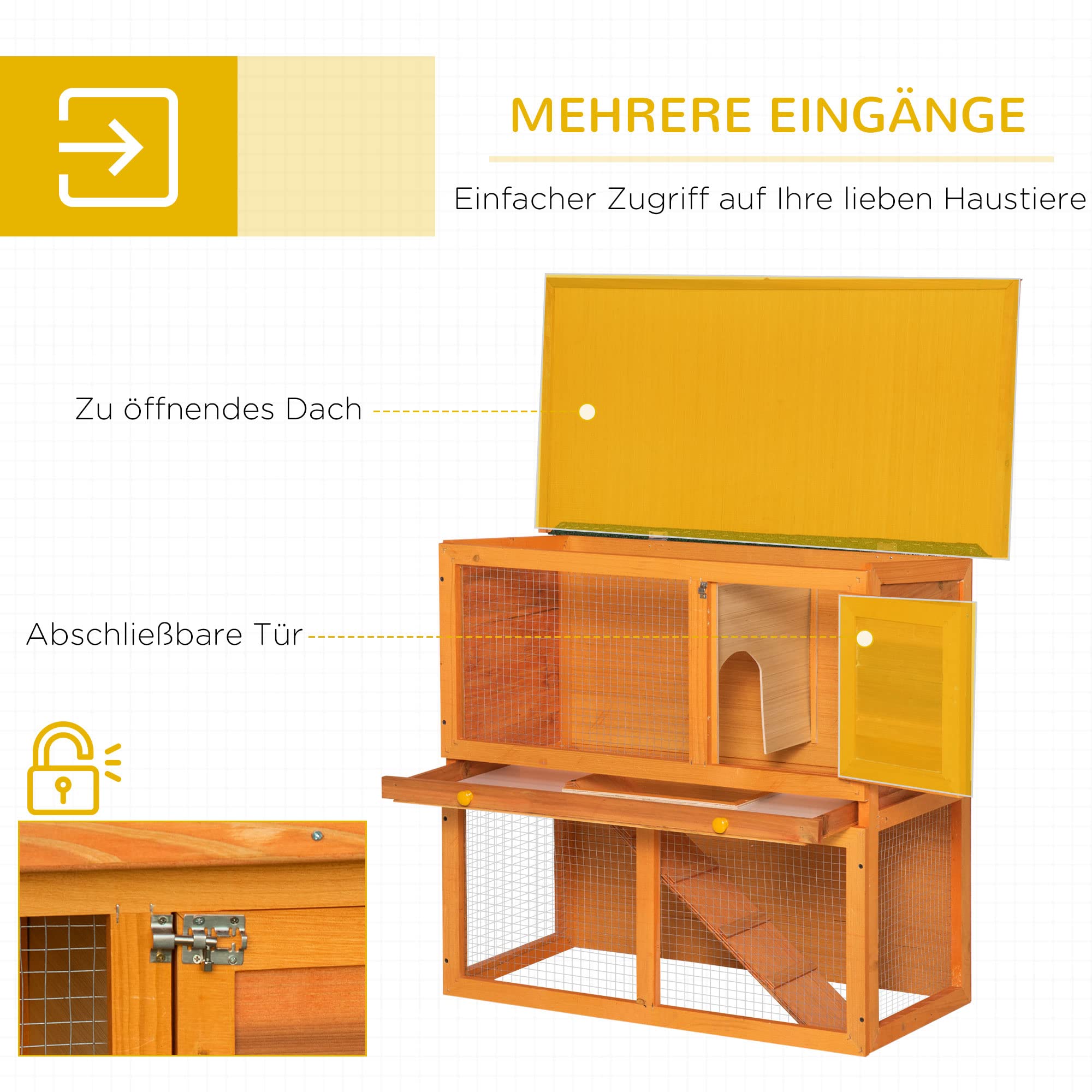 PawHut Hasenstall 2 Etagen Kaninchenstall aus Holz 90x45x80 cm Kaninchenkäfig mit wetterfest aufklappbar Bitumendach Freilaufgehege Rampe Tür Bodenwanne Hasenkäfig für Zwergkaninchen Outdoor Orange