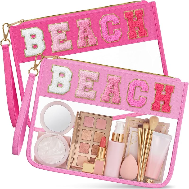 Remerry Bolsa Necessaire Transparente com Estampa de Letras, Vermelho-Rosa, Pacote com 2