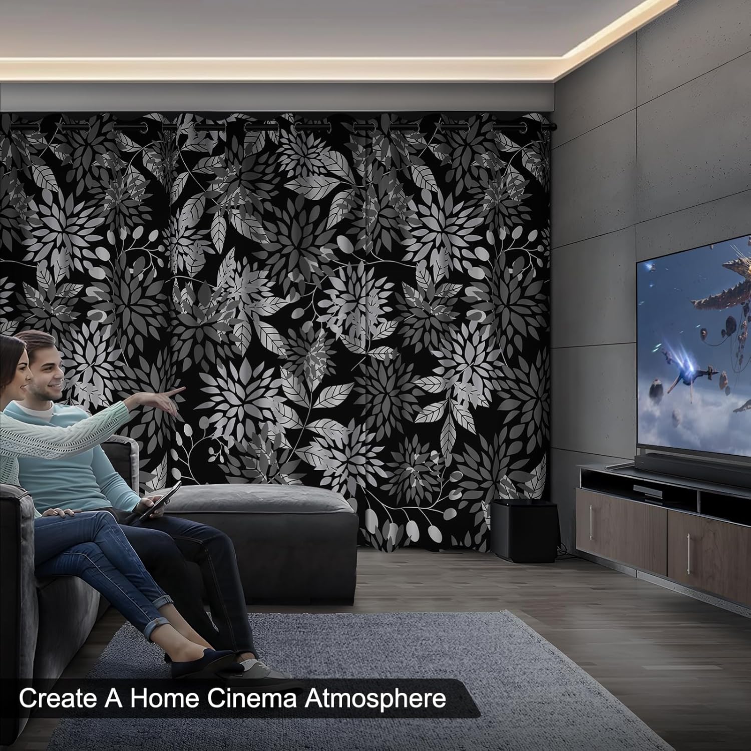 White and Grey Leaves Printed Black Out Curtains, Blackout Curtains for Bedroom and Living Room 84 Inch Length 2 Panels Set, Grommet Thermal Insulated Room Darkening Drapes Soundproof Maintain Privacy