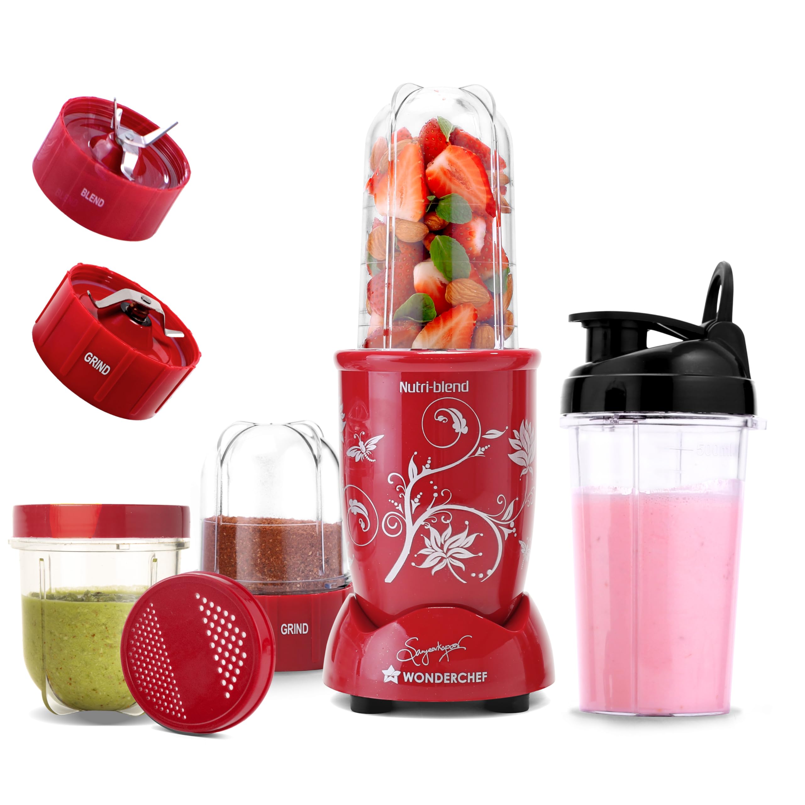 Wonderchef Nutri-blend 500W Mixer Grinder, 22000 RPM Motor, Smoothie Maker, Masala Grinder, Chutney Blender, 3 Unbreakable Jars & Sipper Jar, Recipe Book by Chef Sanjeev Kapoor, 2 Yr Warranty, Red