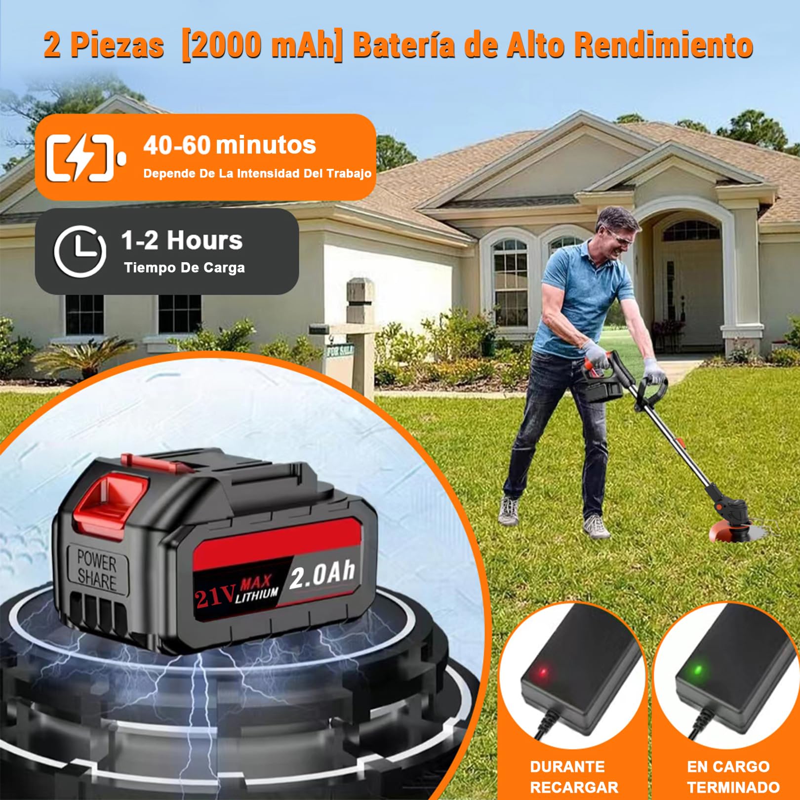 Desbrozadoras Electrica，21V Desbrozadora Bateria，El Cortabordes Bateria 3 en 1 Viene con 2 baterías de 2000 mAh ，Ajustable y MangoTelescópic ，Desbrozadora para Cortar Jardines y césped.