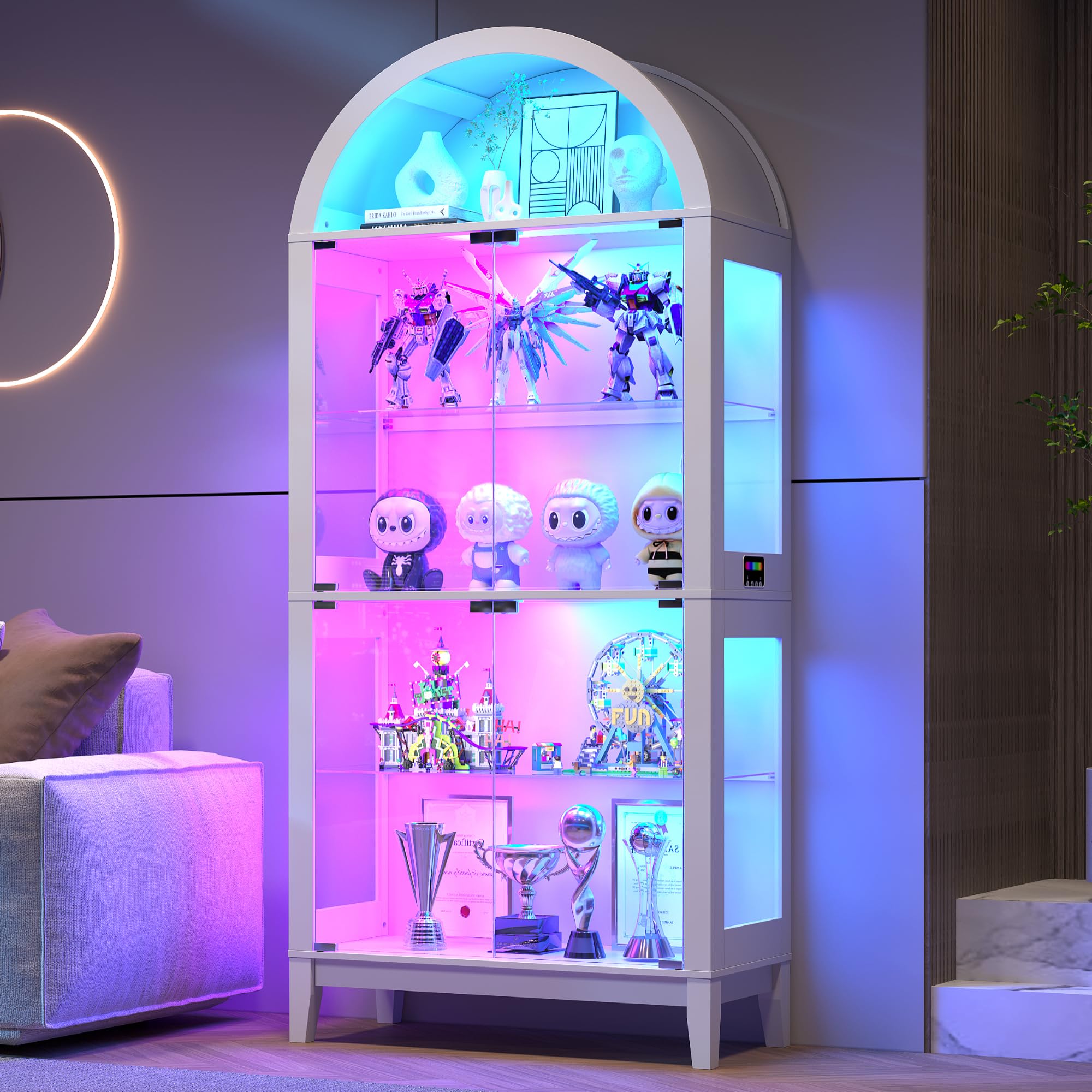 Lvifur Arched Display Cabinet with - RGB Light,Curio Cabinet with Glass Doors for Collectibles,5-Tiers Tall Display Case with Human Sensor, Bookcase