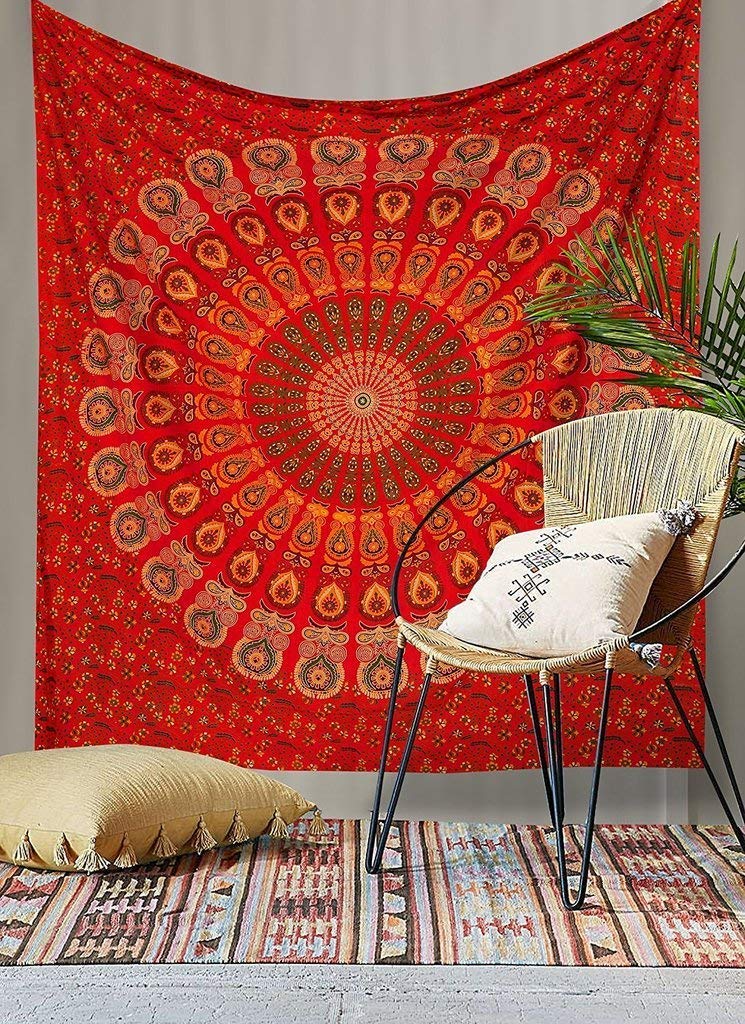 Tapestry Wall Tapestry Wall Hanging Tapestries Hippie Hippy Tapestry Indian Wall Decor Bohemian Wall Hanging Tapestries Wa((30 X 40 inches Approx), Red Peacock Badmeri)