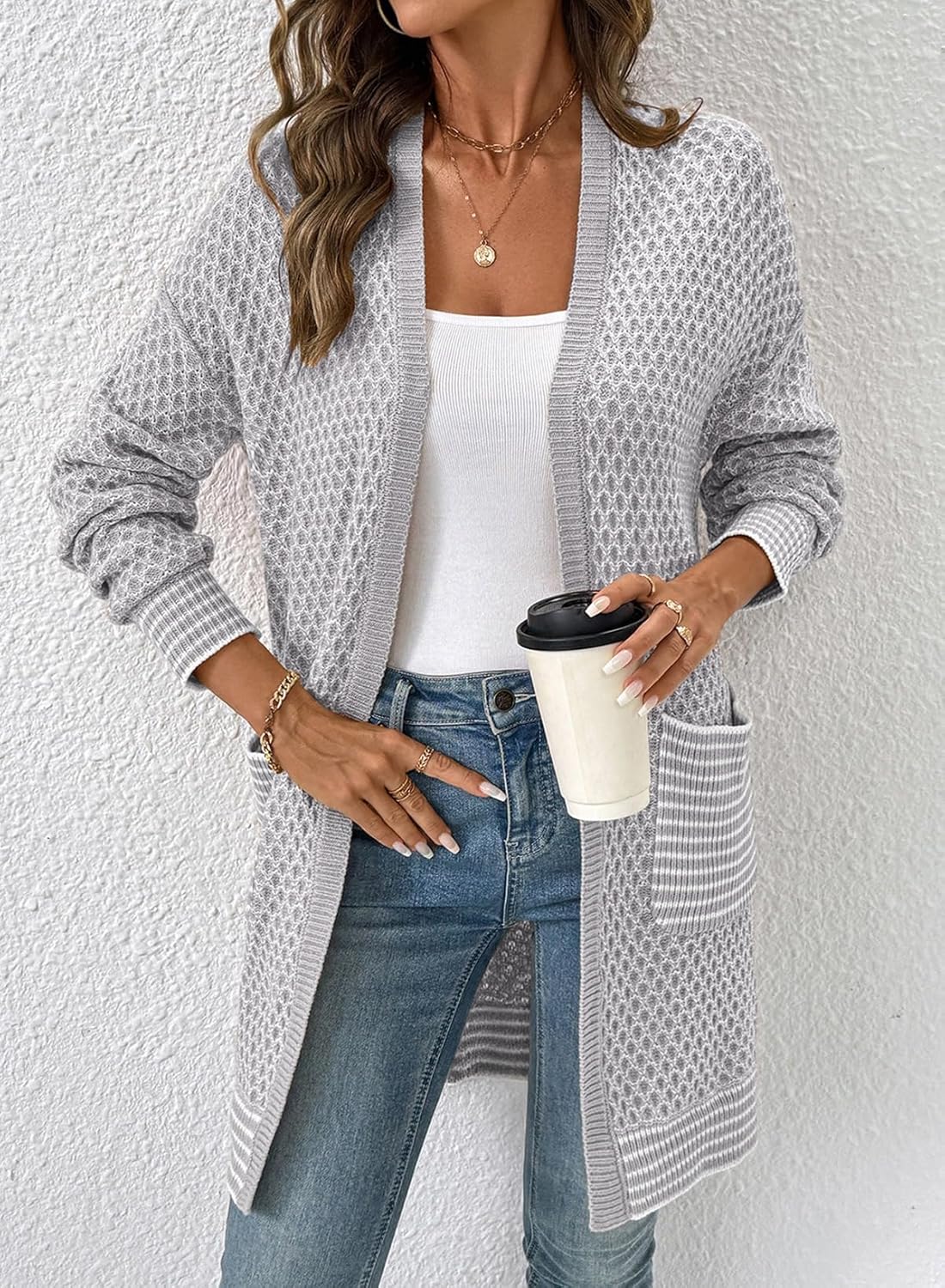 Sidefeel Womens 2025 Fall Outfits Long Sleeve Open Front Cardigan Sweaters Trendy Chunky Hexagon Knit Sweaters Coat - Image 2