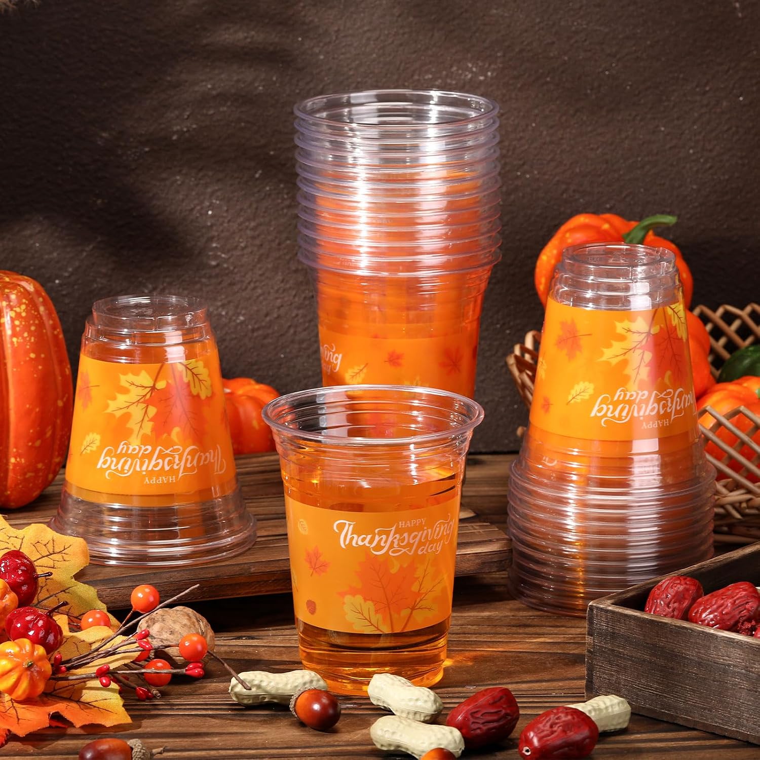 Sliner Thanksgiving Disposable Plastic Cups Thanksgiving Autumn Fall Leaves Clear Plastic Cups with Maple Leaf Pattern for Holiday Party Harvest Beverage Drinks Cup Wedding Supplies(12oz, 60 Pcs)