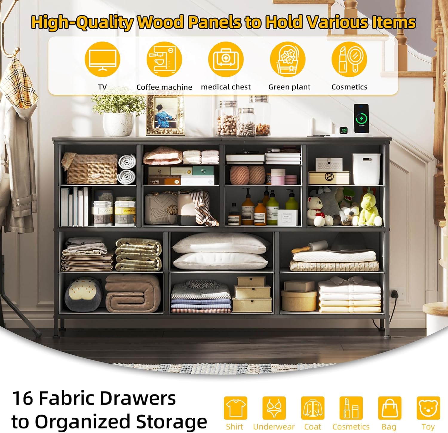 Dresser drawers filled with various organized items like clothes, books, and accessories