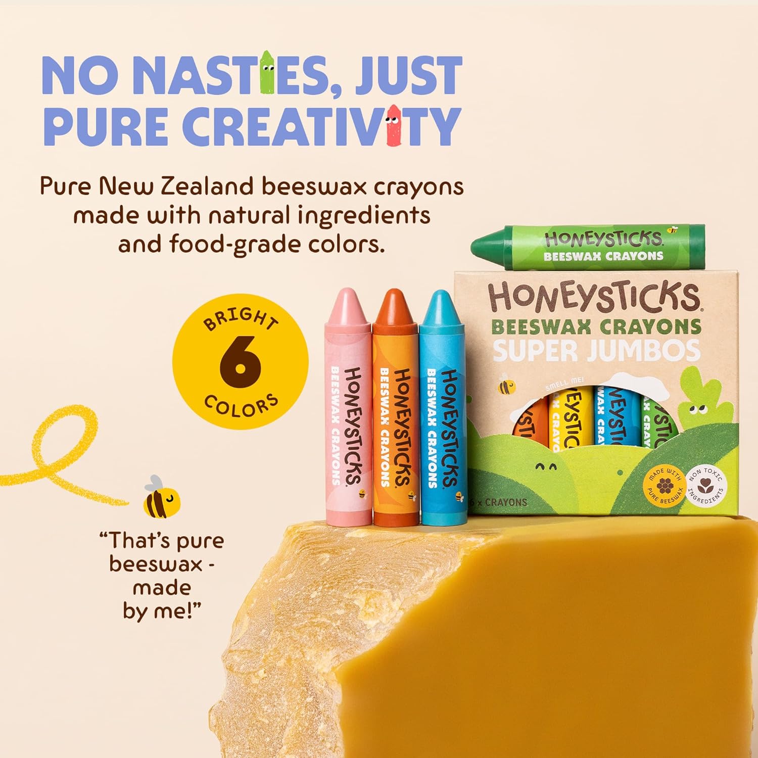 Honeysticks Super Jumbo Crayons (6 Pack) - 100% Pure Beeswax, Non Toxic Crayons for Toddlers 1-3, Extra Large Crayon Size, Easy to Hold and Use, Unbreakable Toddler Crayon, Eco-Friendly