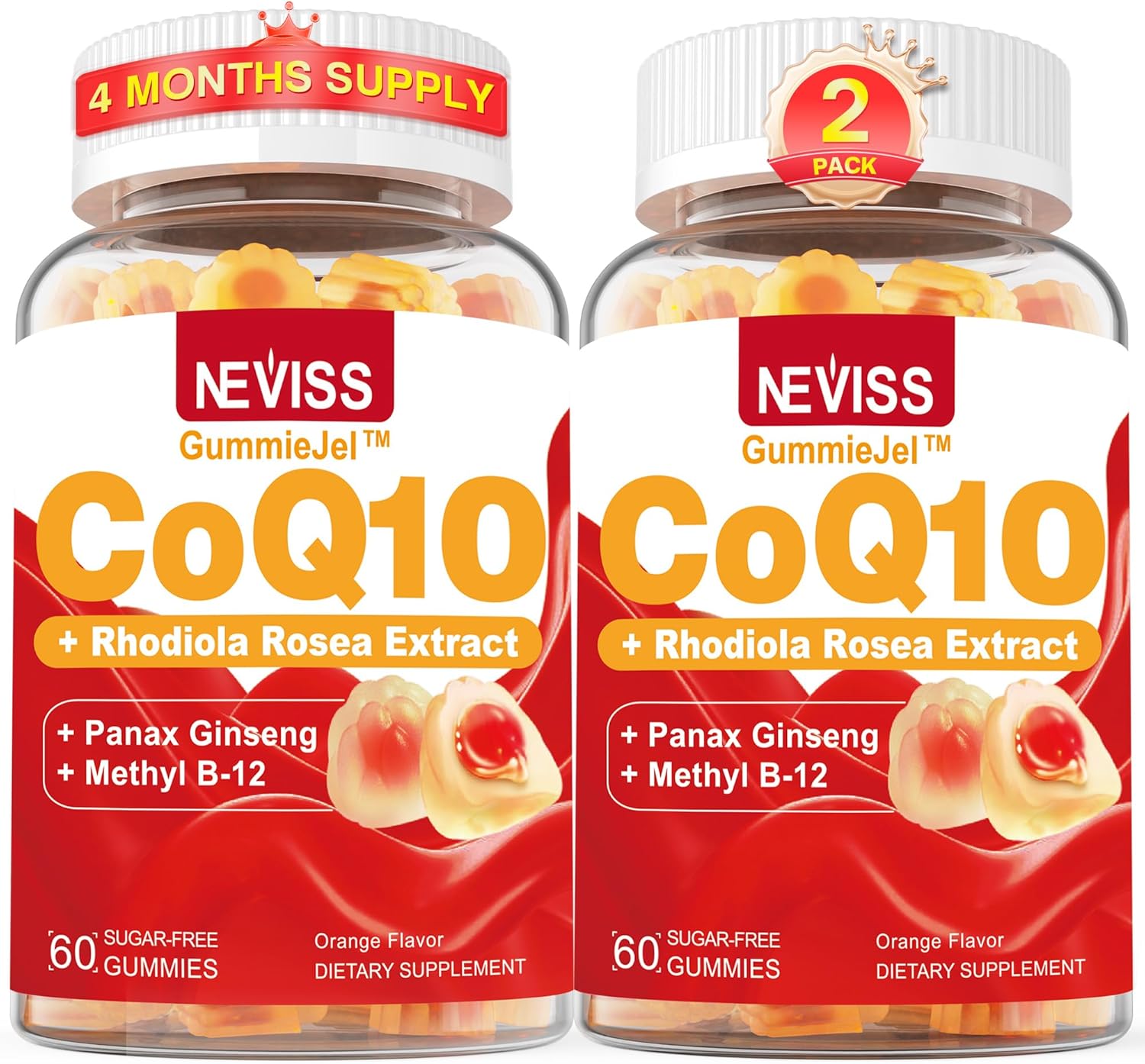 Ultra Absorption CoQ10 Gummies 200mg/400mg, w/ Methyl B12 1000mcg, B6, Rhodiola Rosea & Panax Ginseng, Sugar Free CoQ10 Supplement for Energy Boost, Hear-t Health, Antioxidant & Brain Support, 2 Pack