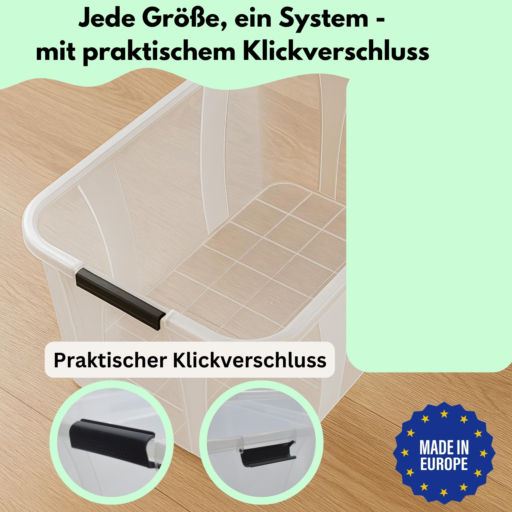 Aufbewahrungsboxen 4x 55Liter mit Deckel, lebensmittelecht - Verschlussclips - 100% Neumaterial Plastik-Box transparent - Kleiderboxen stapelbar & HLKauf-Block