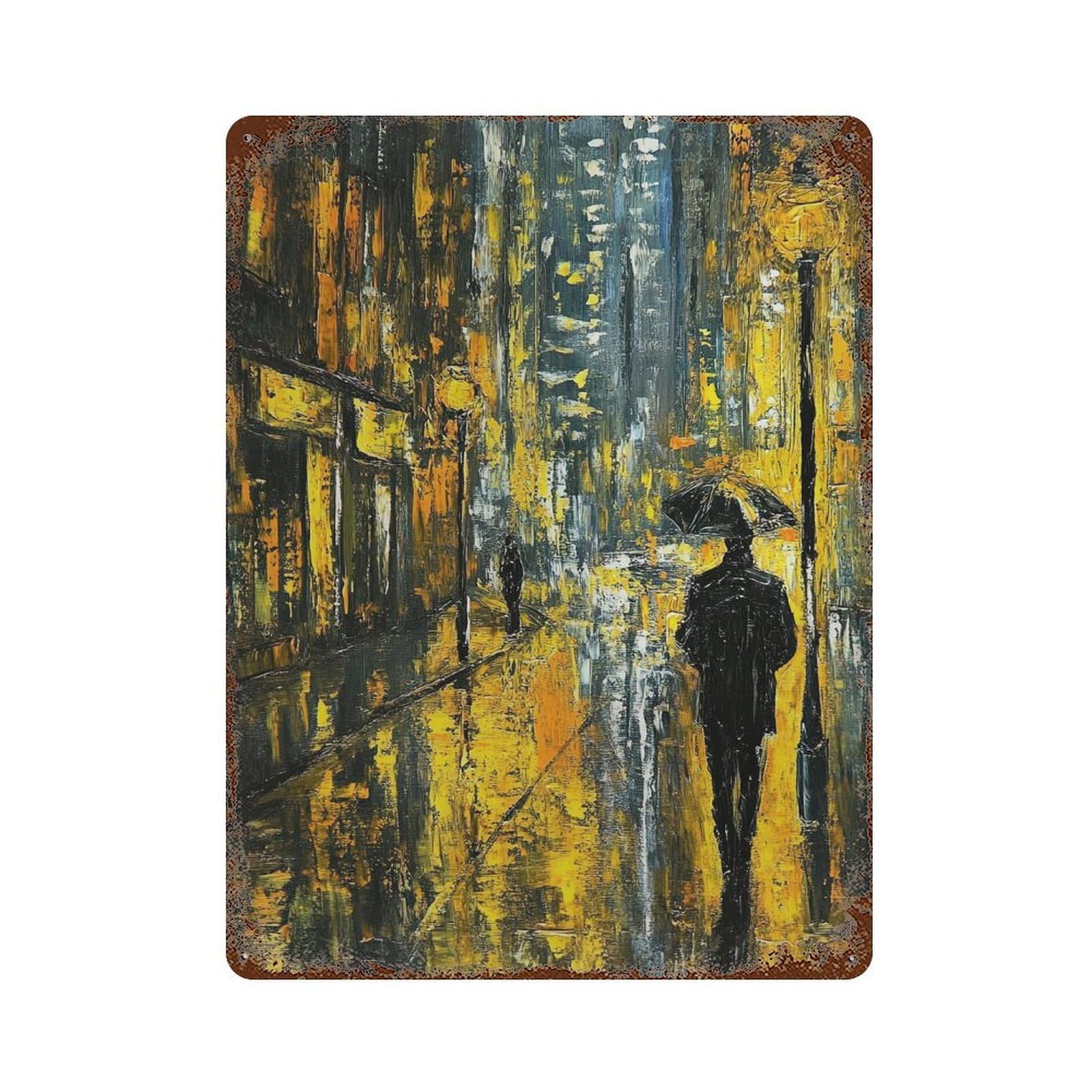 xiaoxiaoshen Van Gogh Style Impressionist Oil Painting Rainy Night Wall Decor Art Metal Tin Poster Modern Home Decor Art Home Bar Shop Decorations Vintage Sign 40x30cm