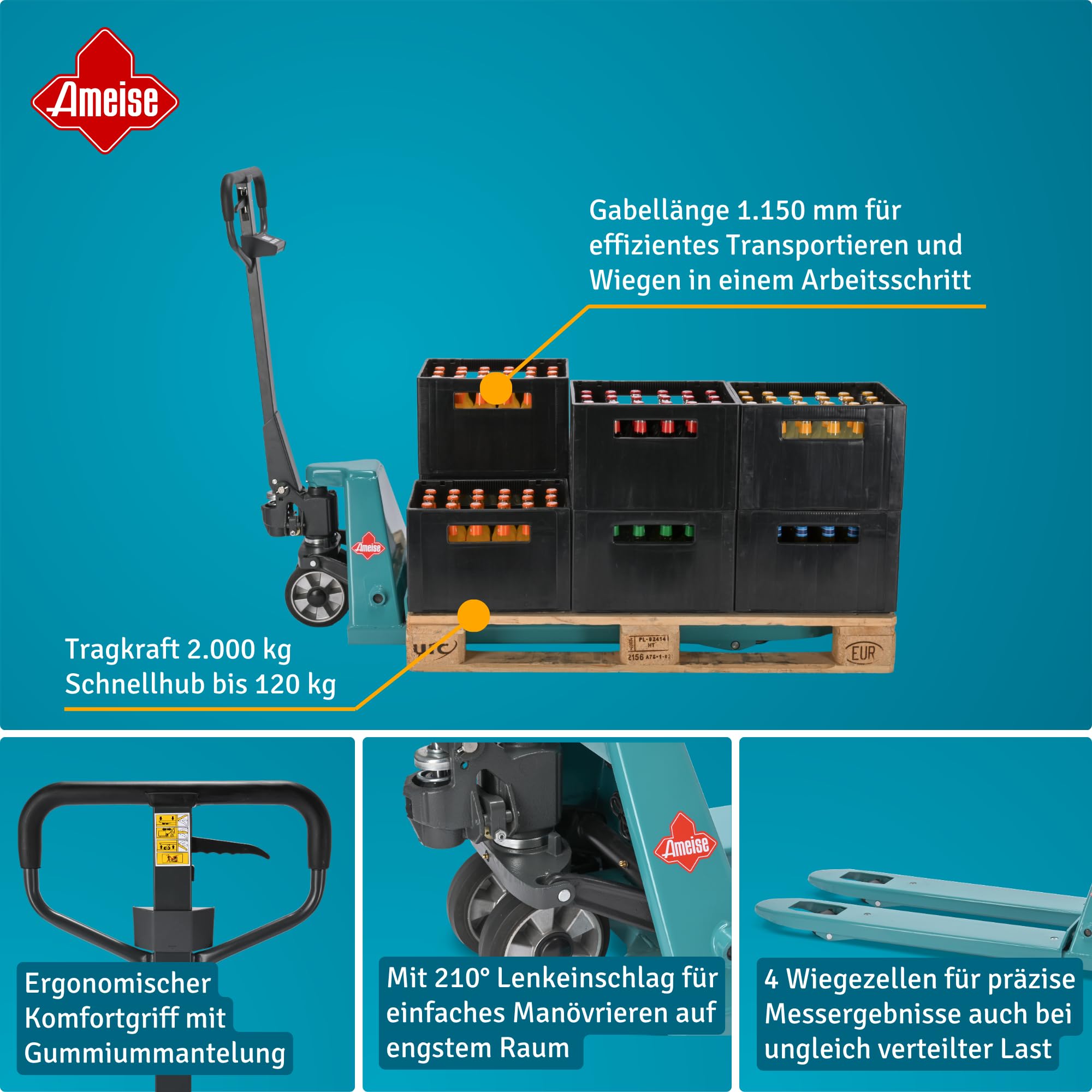 Ameise Hubwagen PTM mit Waage am Deichselkopf | Display mit 0,5/1 kg Schritten | 2.000 kg Tragkraft | 1.150 mm Gabellänge | Vollgummi Lenkrad| Polyurethan Einfach-Gabelrollen | Schnellhub bis 120 kg