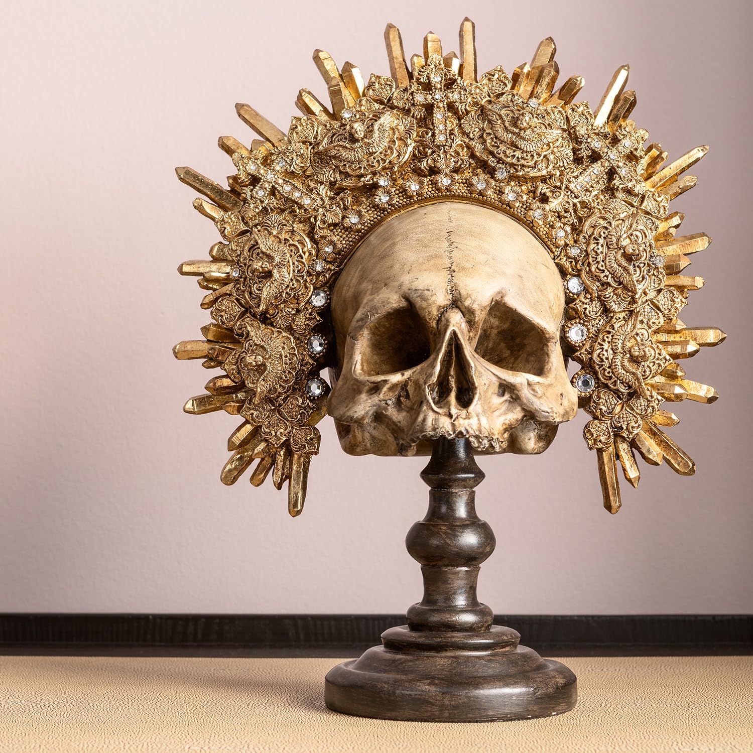 Kare Design figura decorativa King Skull, oro anticato, teschio re, deco soggiorno/cameretta giovani, stile rock/stile/industrial provocatorio, 42x34x20cm (A/L/P)