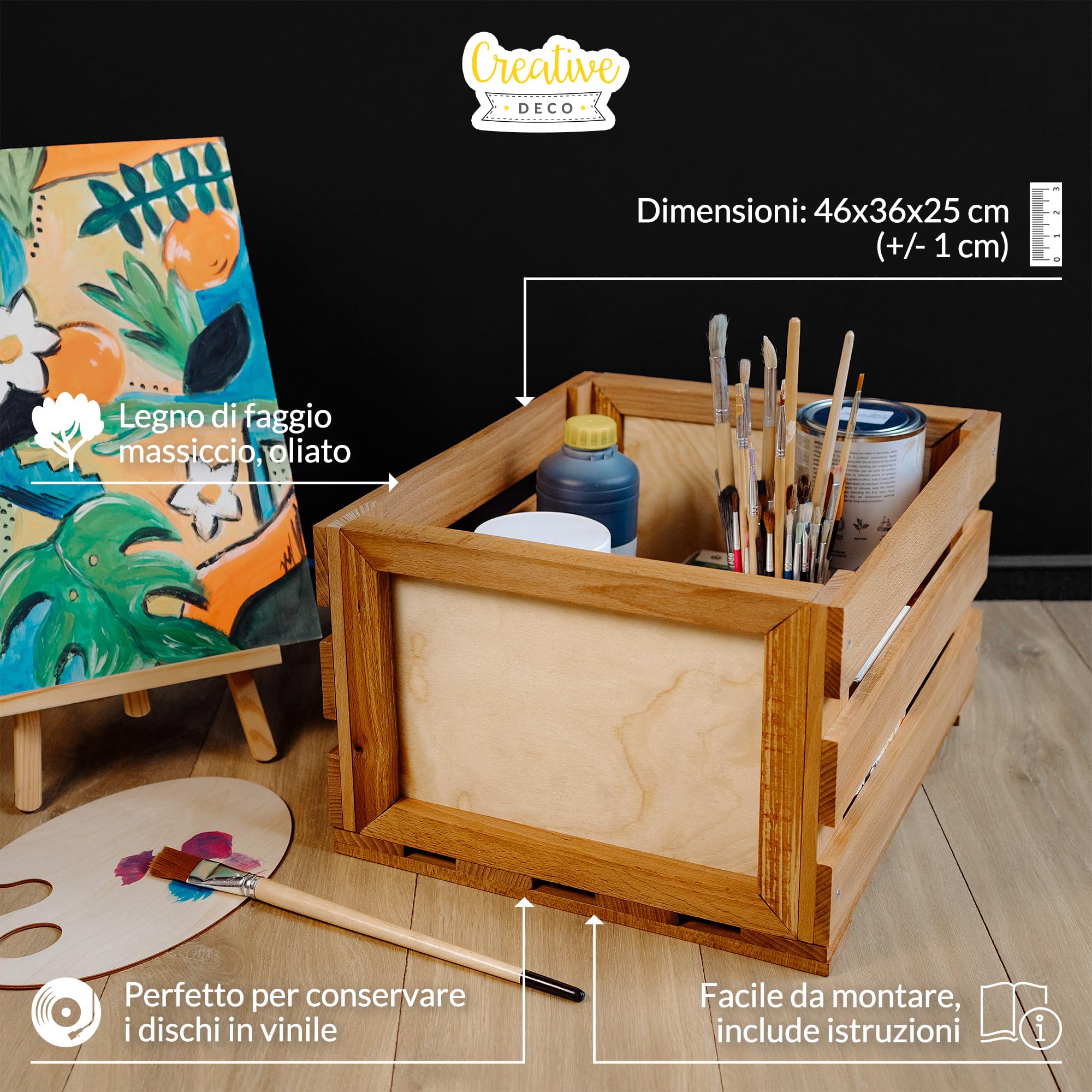 Creative Deco Porta Vinili in Legno di Faggio, 46 x 36 x 29 cm | In legno di faggio, capacità fino a 80 dischi, contenitore da terra per organizzare i vinili