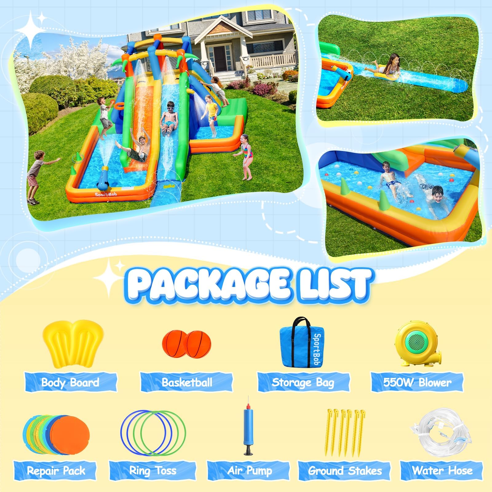 Hüpfburg Kinder mit Wasserrutsche und Gebläse, Hüpfburg mit Verlängerter Spritzender Wasserrutsche, Wasserpark Kinder mit 2 Wasserbecken und Wasserkanone für Indoor, Outdoor