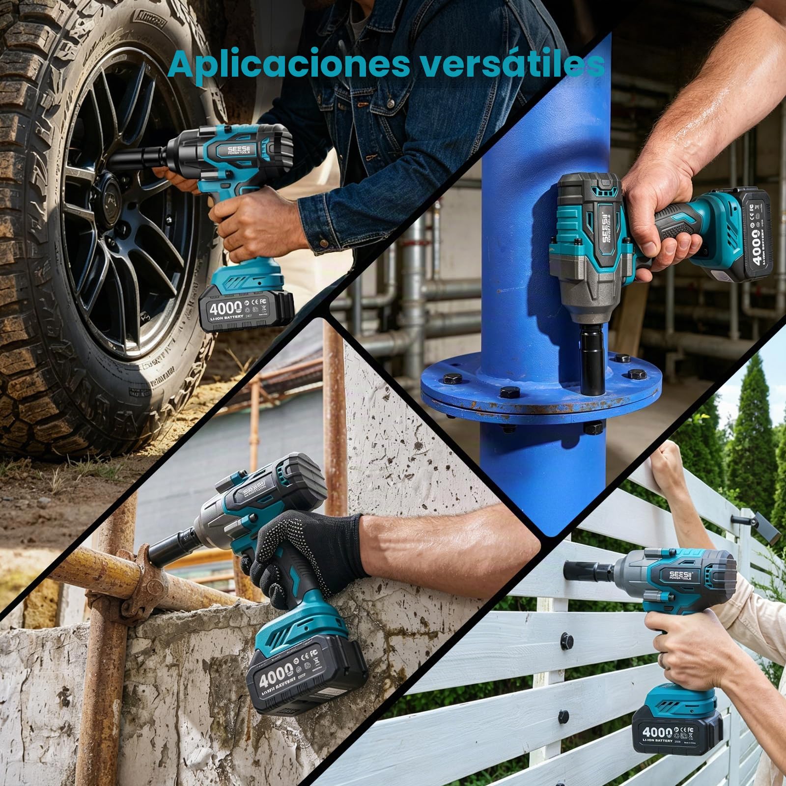 Seesii 1200 N·m llave de impacto a batería, 1/2 Pistola de Impacto sin escobillas con dos baterías de 4000 mAh, cargador rápido, 5 llaves de vaso, llave de impacto para neumáticos de coche