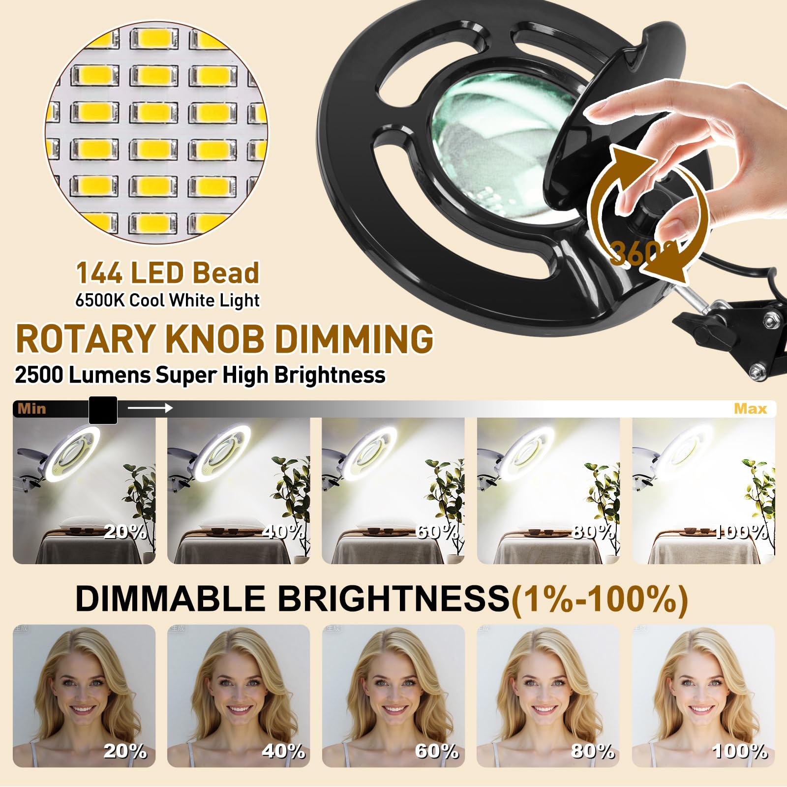 Kosmetiklampe mit 10-Facher Vergrößerung, 2500 Lumen Stufenlos Dimmbar Lupe mit Licht und Ständer 5-Rollen-Fuß, Dimmbare Kosmetik light für Wimperntechnik/Tattoo/Extensions/Schönheit